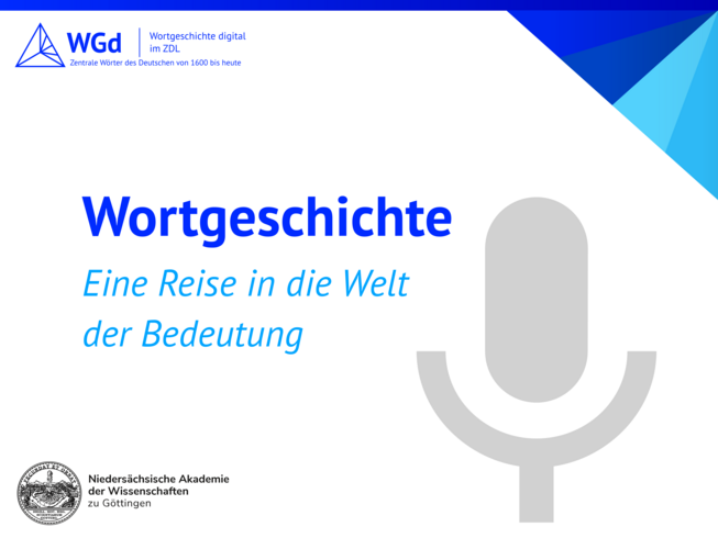 Bild mit dem Schriftzug "Wortgeschichte - Eine Reise in die Welt der Bedeutung", einem Mikrofon und den Logos von Wortgeschichte digital und der NAWG