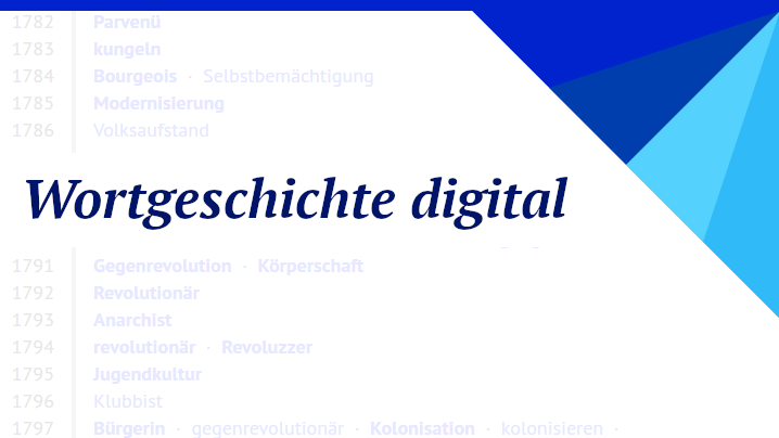 Abbildung mit dem Schriftzug Wortgeschichte digital  im Corporate des Projekts, im Hintergrund ein Zeitstrahl mit aufgetragenen Wörtern