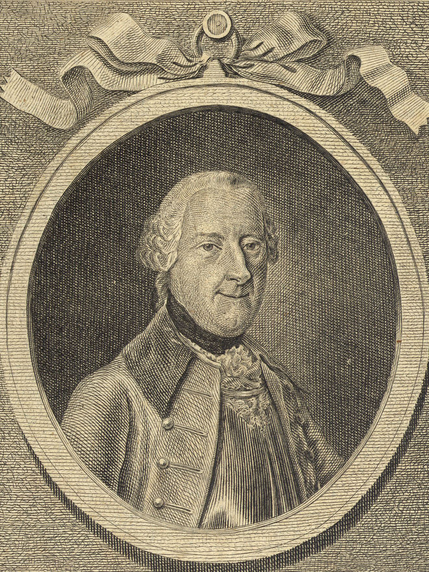 Porträt von Borcke, Adrian Heinrich von  (Allgemeine deutsche Bibliothek., 1781, 48. Bd., 1. St., ungez. Bl. am Anf. d. Bandes. [Zuschnitt auf Schmuckrahmen])