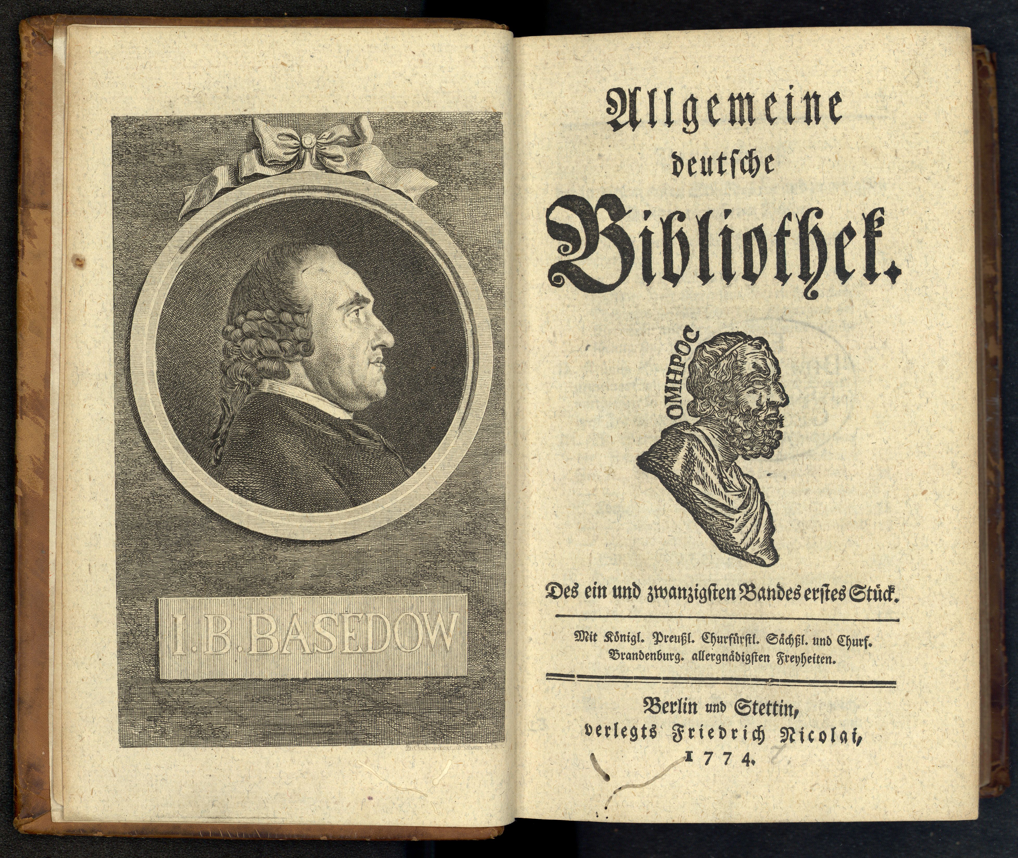 Porträt von Basedow, Johann Bernhard  (Allgemeine deutsche Bibliothek., 1774, 21. Bd., 1. St., ungez. Bl. am Anf. d. Bandes. [Doppelseite])