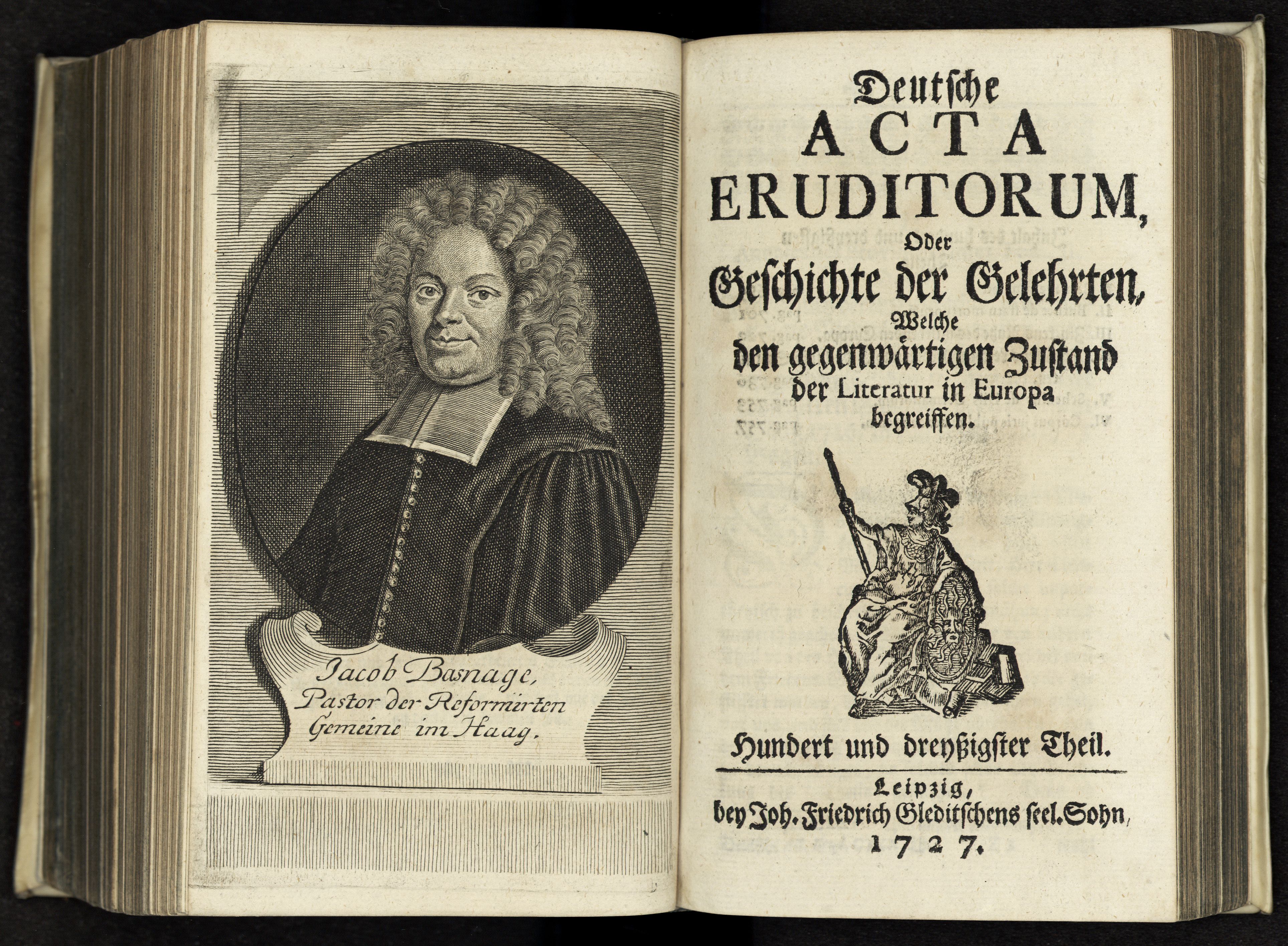 Porträt von Basnage de Beauval, Jacques  (Deutsche Acta Eruditorum., 1727, 130. T., ungez. Bl. vor S. 685. [Doppelseite])