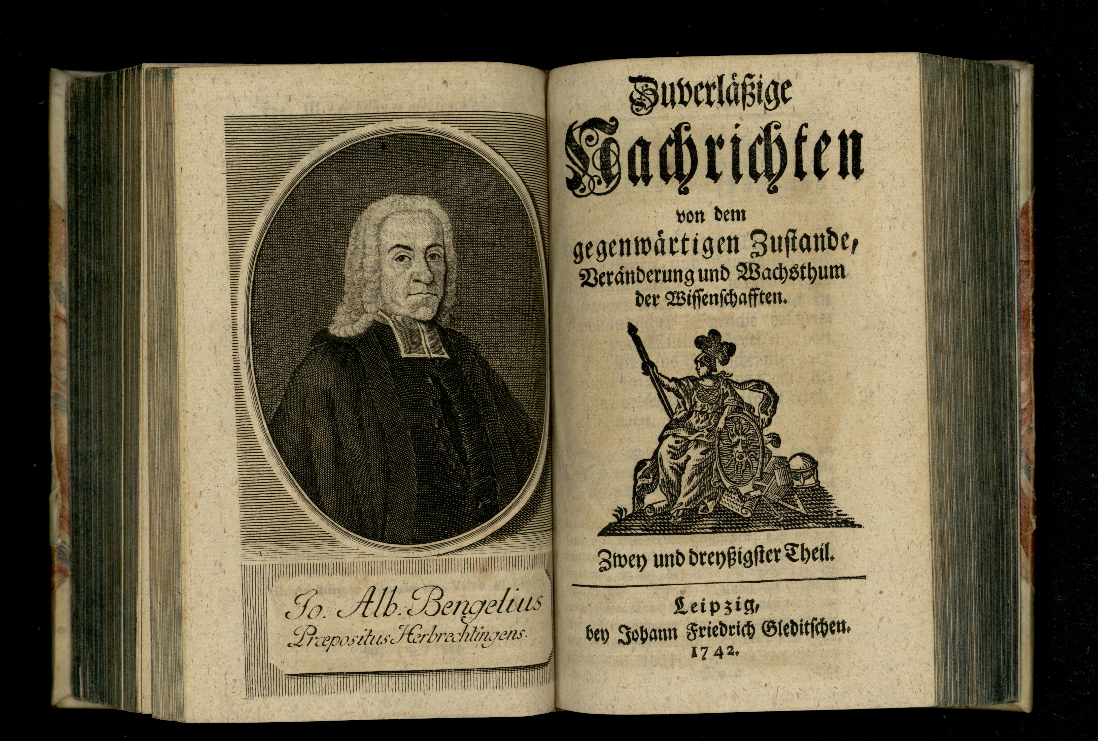 Porträt von Bengel, Johann Albrecht  (Zuverläßige Nachrichten von dem gegenwärtigen Zustande der Wissenschaften., 1742, 32. T., ungez. Bl. vor S. 535. [Doppelseite])