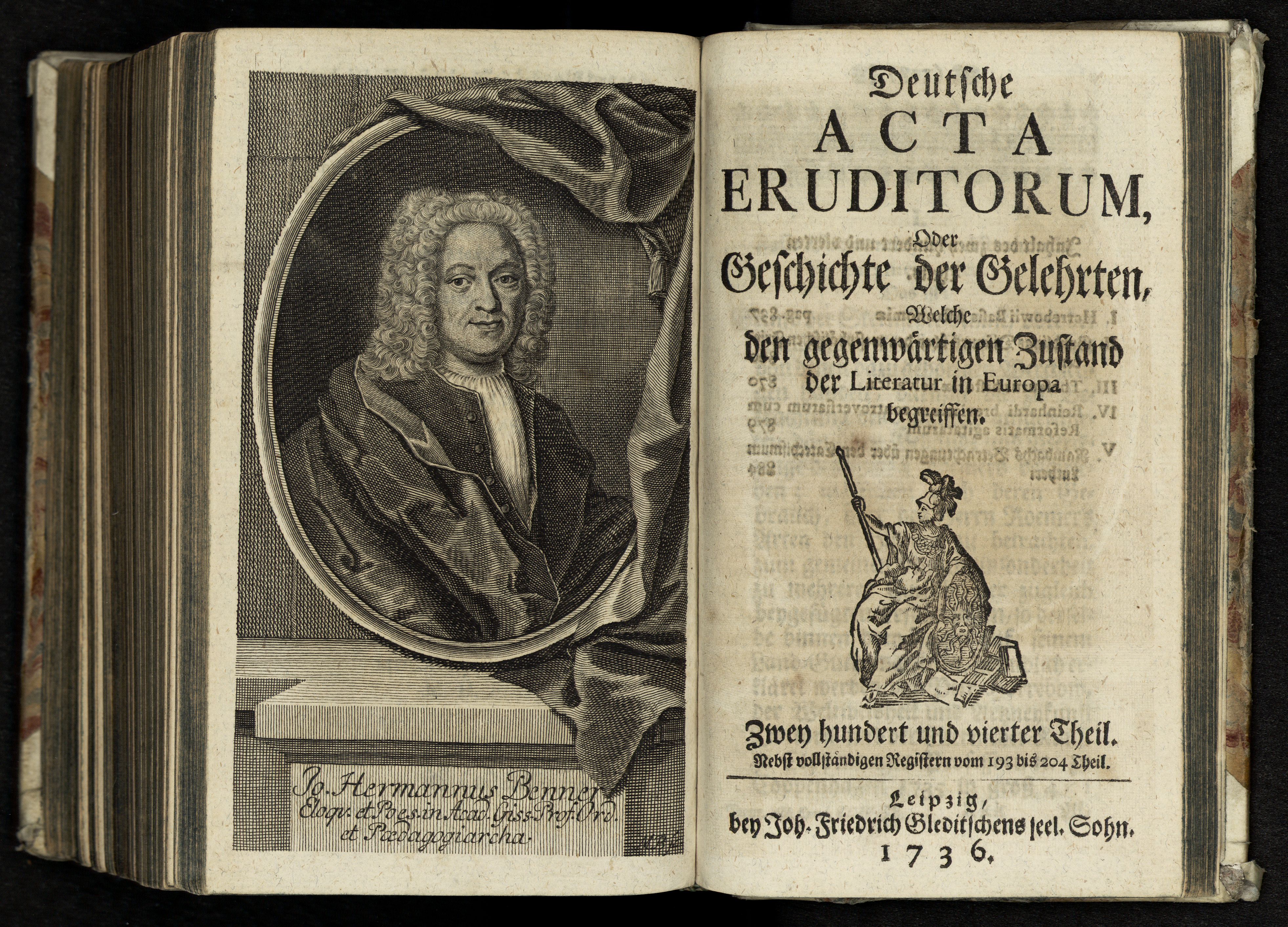 Porträt von Benner, Johann Hermann  (Deutsche Acta Eruditorum., 1736, 204. T., ungez. Bl. vor S. 837. [Doppelseite])