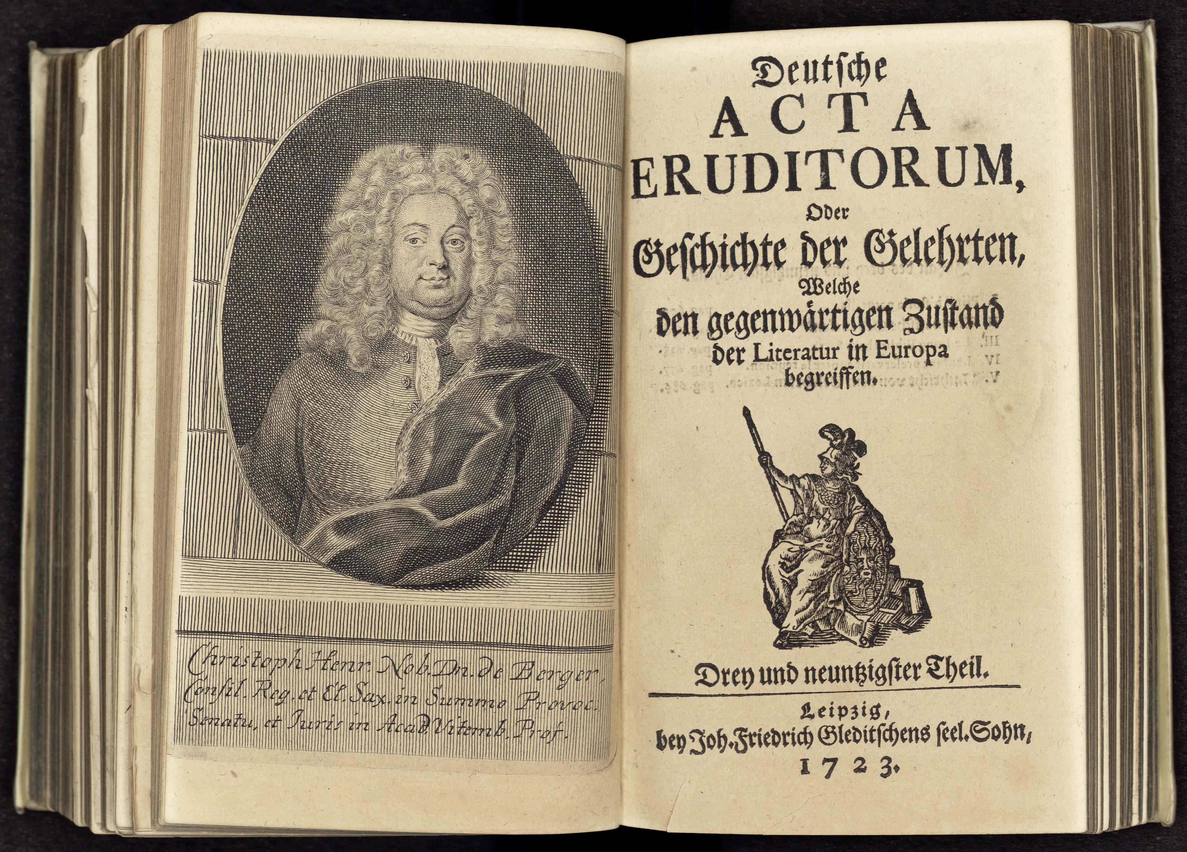 Porträt von Berger, Christoph Heinrich von  (Deutsche Acta Eruditorum., 1723, 93. T., ungez. Bl. vor S. 609. [Doppelseite])