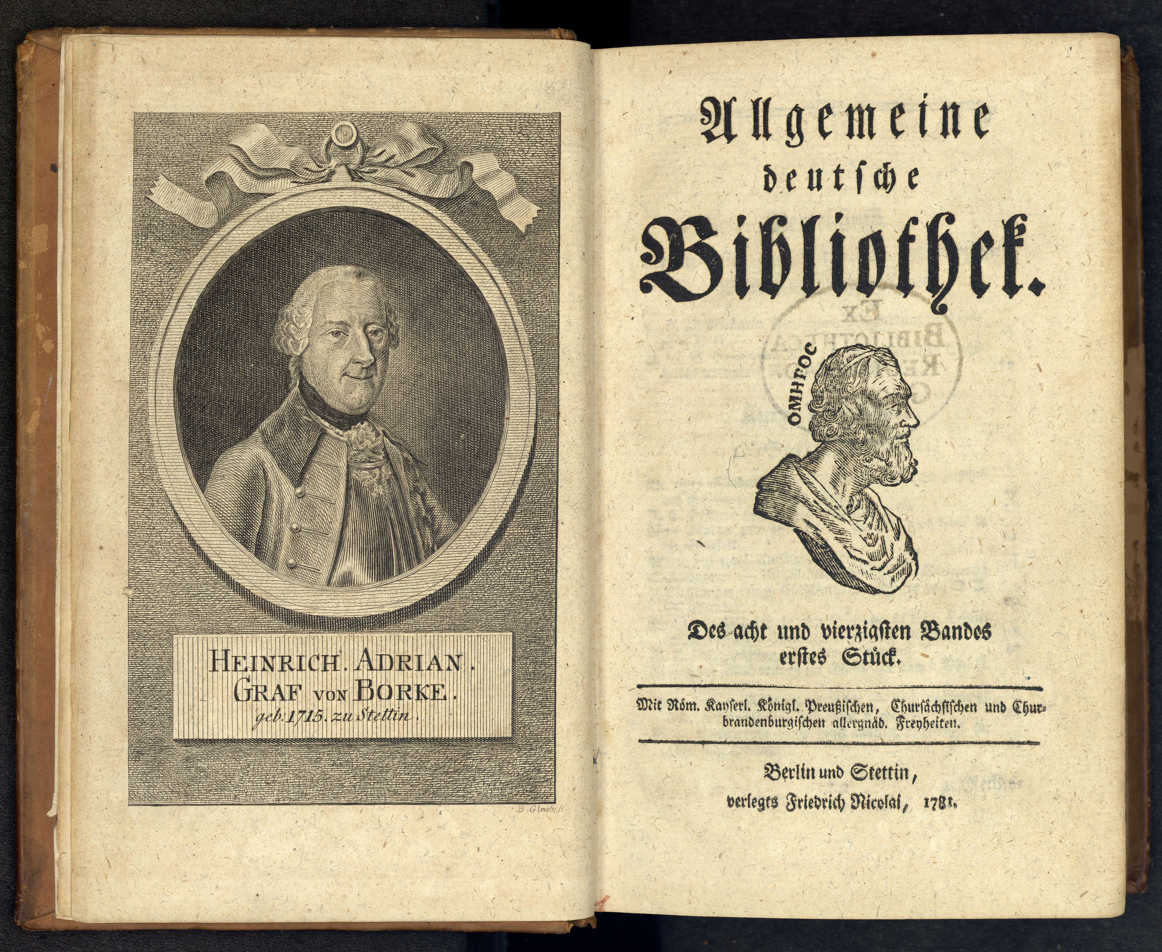Porträt von Borcke, Adrian Heinrich von  (Allgemeine deutsche Bibliothek., 1781, 48. Bd., 1. St., ungez. Bl. am Anf. d. Bandes. [Doppelseite])