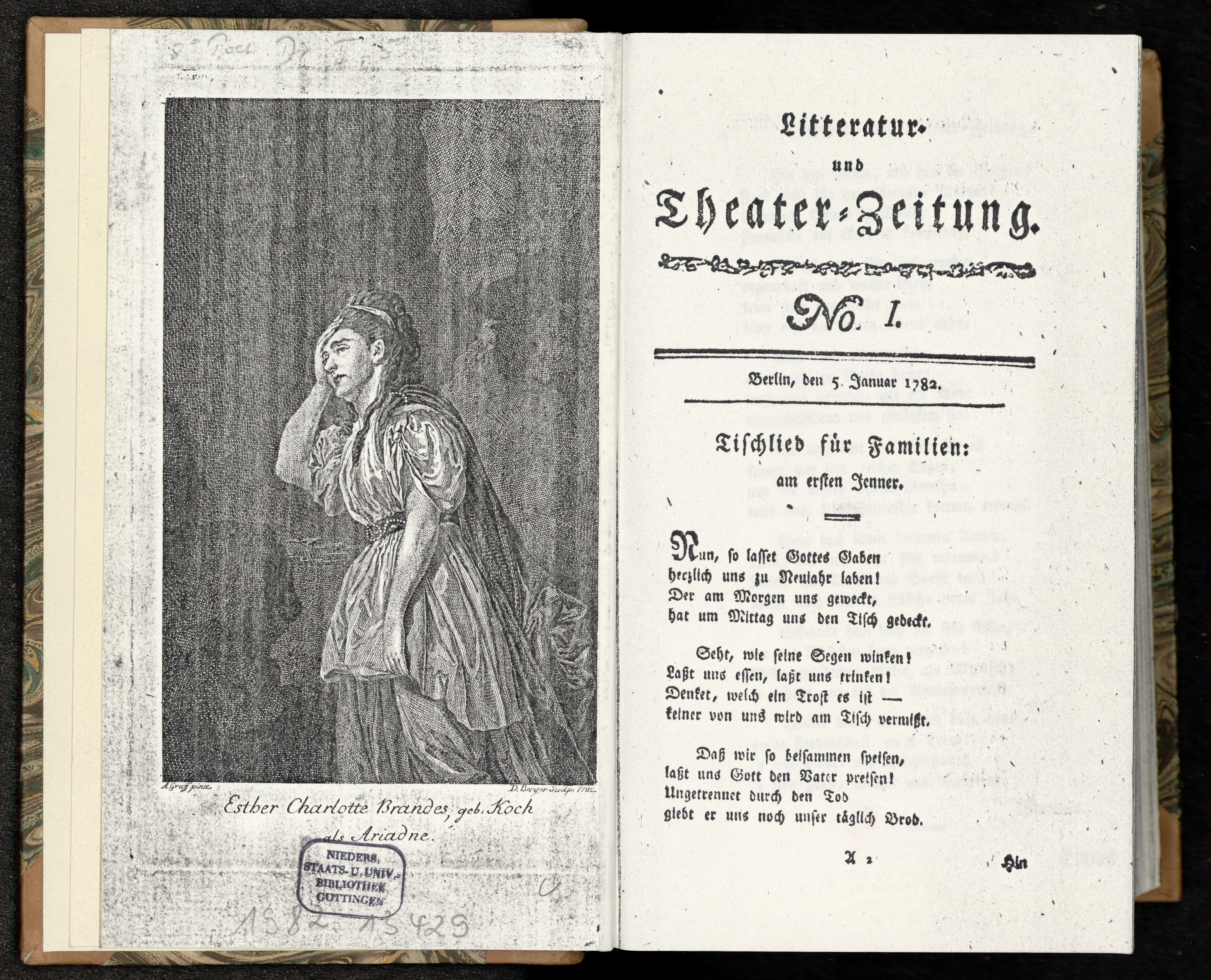 Porträt von Brandes, Charlotte Esther  (Litteratur- u. Theater-Zeitung., 1782, 1. T., ungez. Bl. am Anf. d. 1. Teils. [Doppelseite])