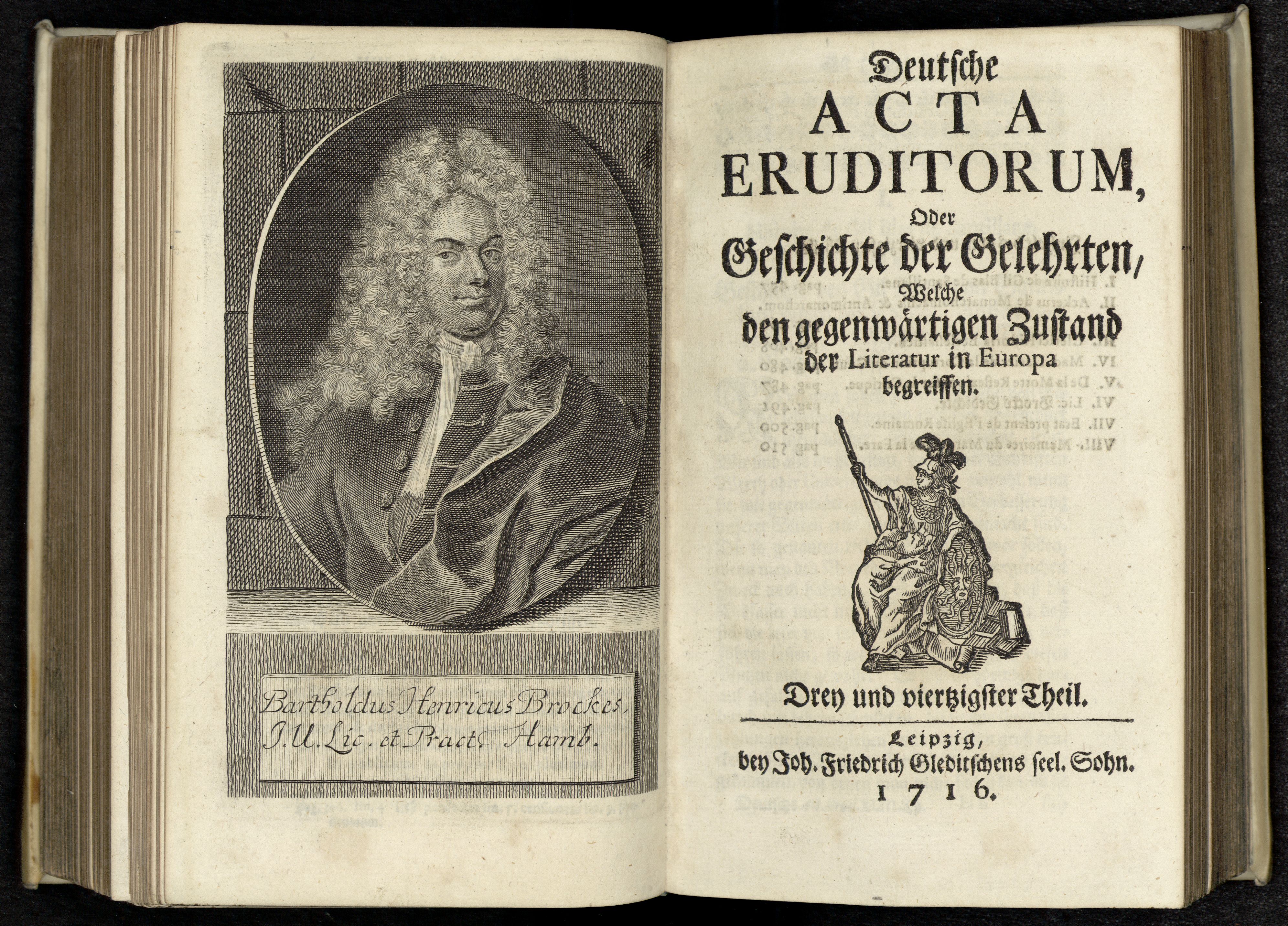 Porträt von Brockes, Barthold Heinrich  (Deutsche Acta Eruditorum., 1716, 43. T., ungez. Bl. vor S. 457. [Doppelseite])