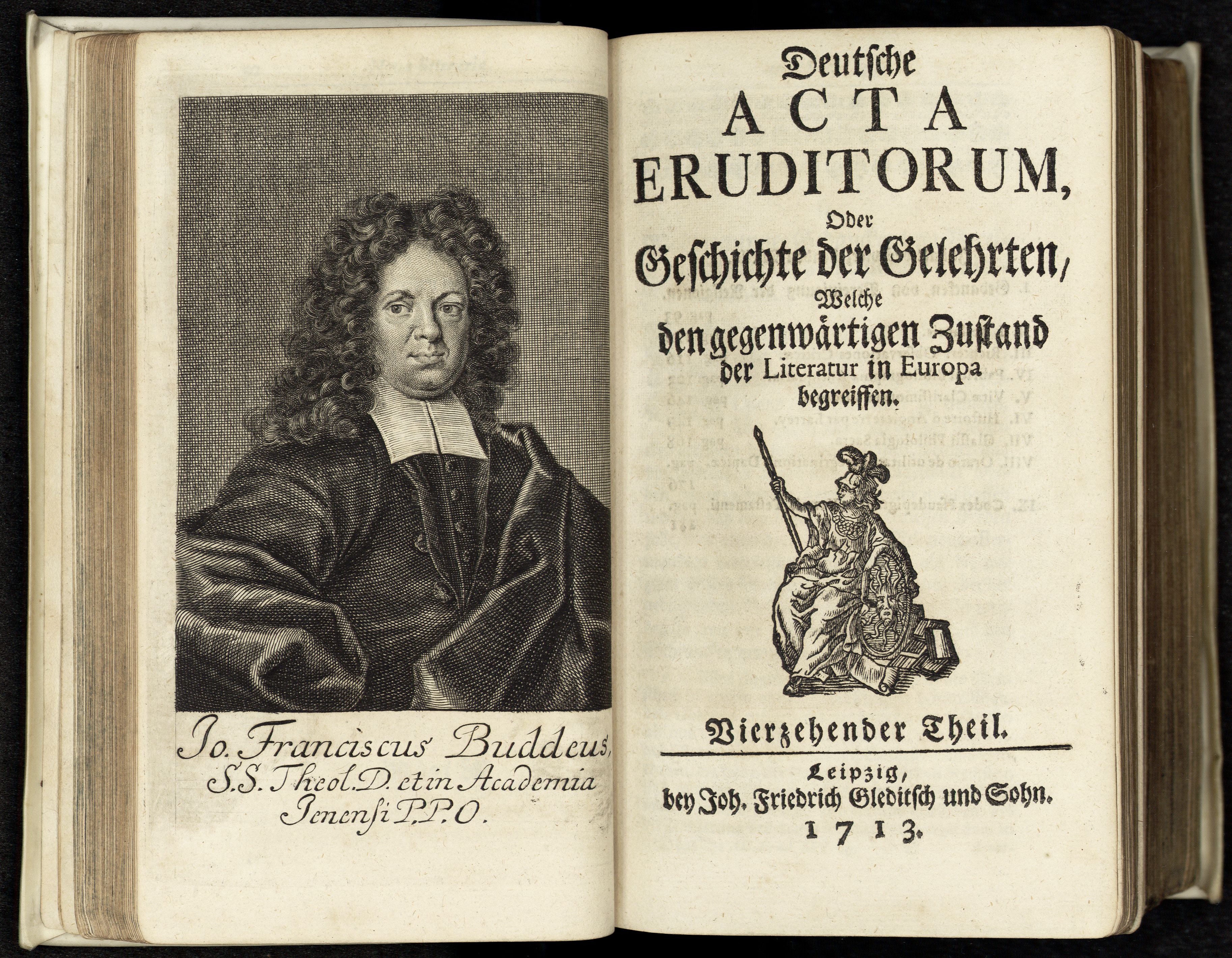 Porträt von Buddeus, Johann Franz  (Deutsche Acta Eruditorum., 1713, 14. T., ungez. Bl. vor S. 93. [Doppelseite])