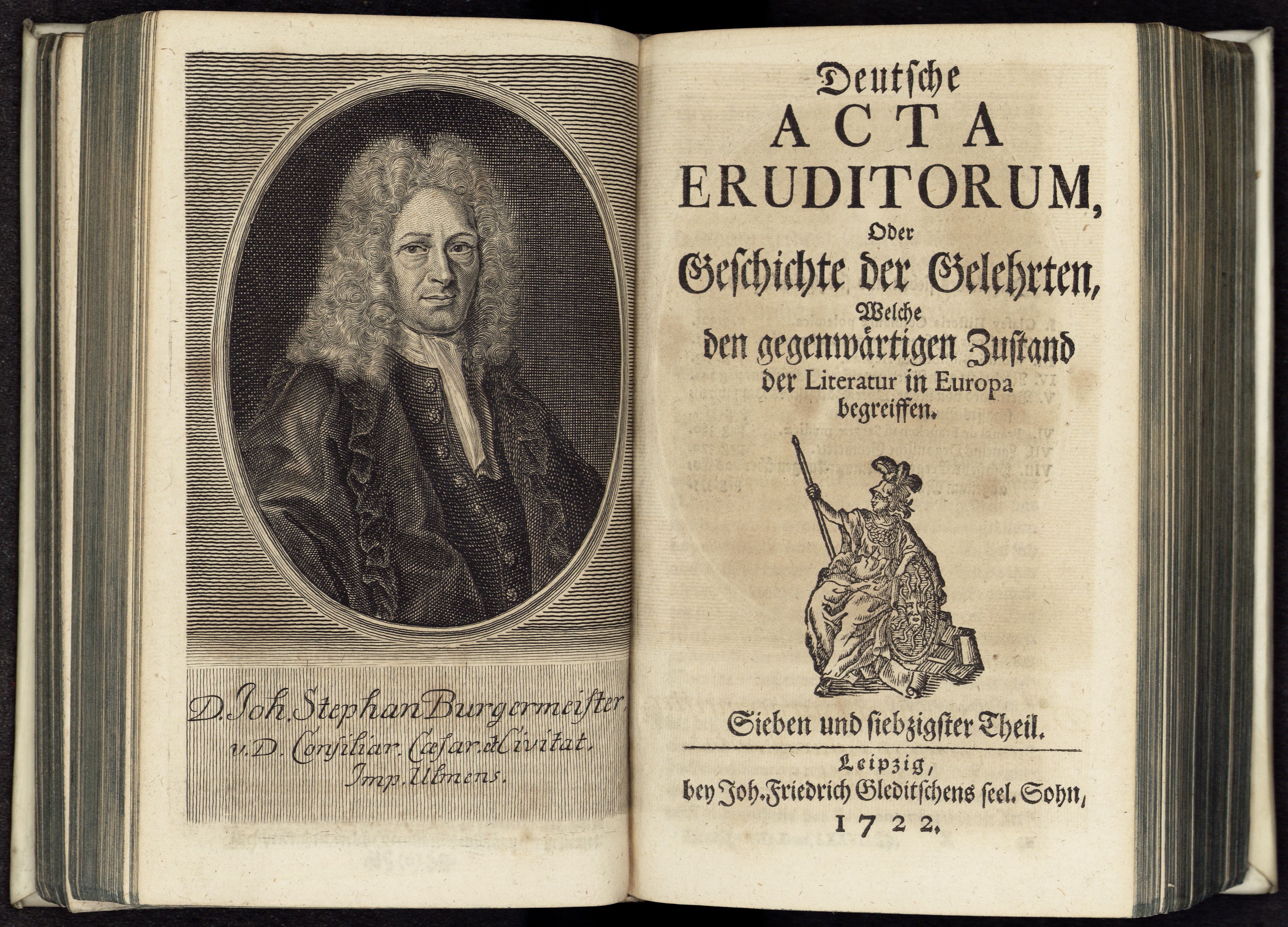 Porträt von Burgermeister, Johann Stephan  (Deutsche Acta Eruditorum., 1722, 77. T., ungez. Bl. vor S. 303. [Doppelseite])