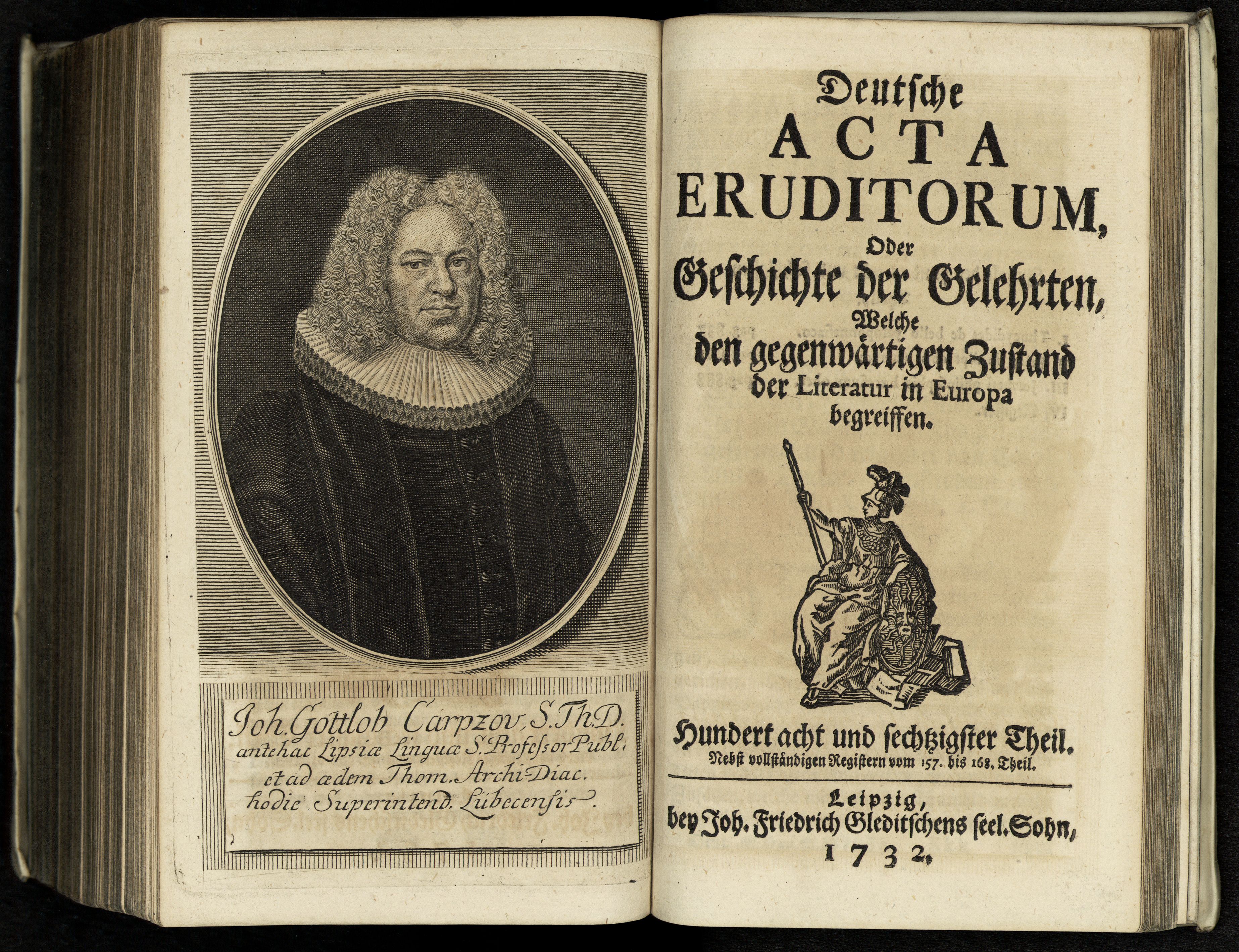 Porträt von Carpzov, Johann Gottlob  (Deutsche Acta Eruditorum., 1732, 168. T., ungez. Bl. vor S. 837. [Doppelseite])