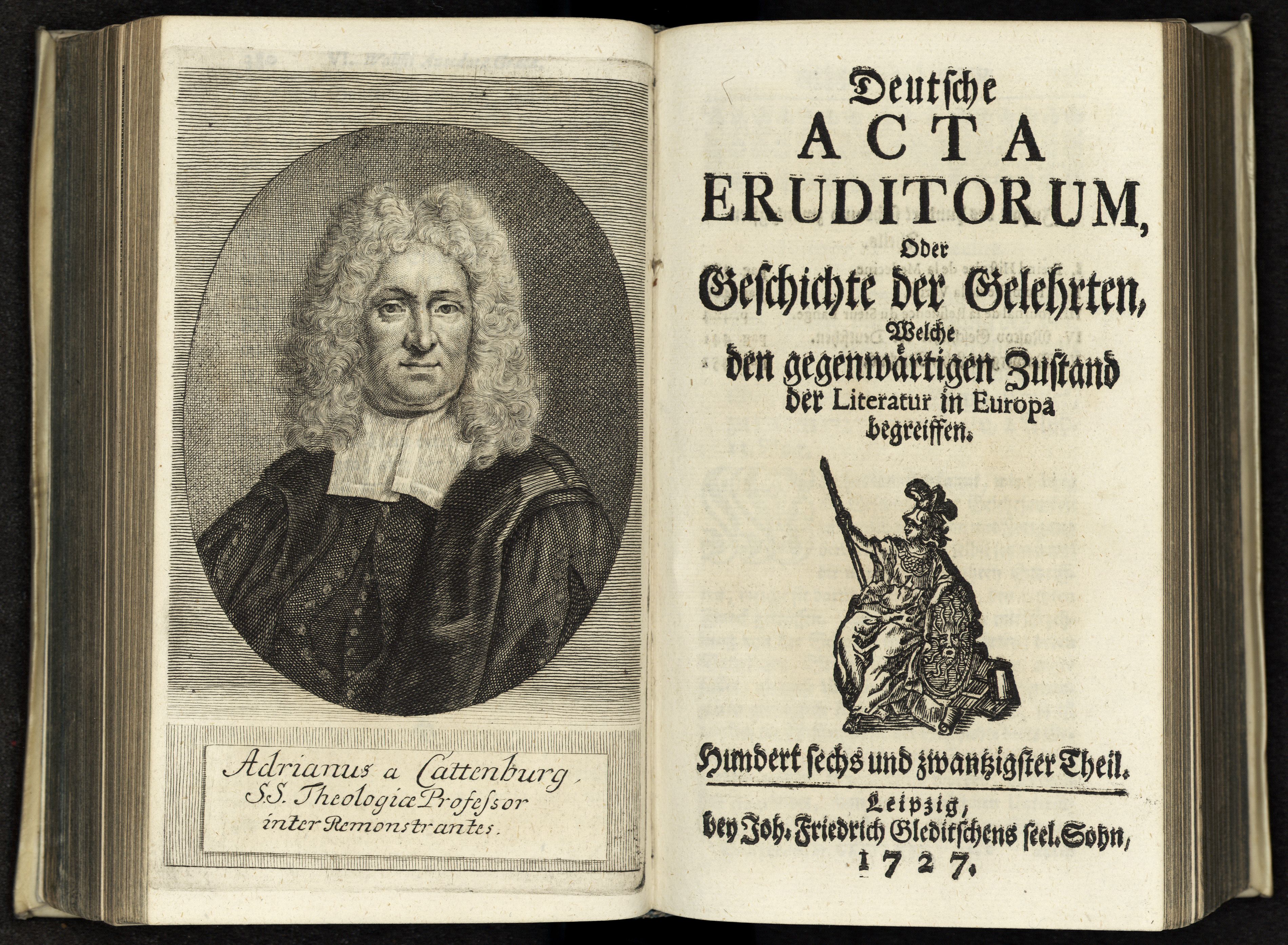 Porträt von Cattenburgh, Adriaan van  (Deutsche Acta Eruditorum., 1727, 126. T., ungez. Bl. vor S. 381. [Doppelseite])