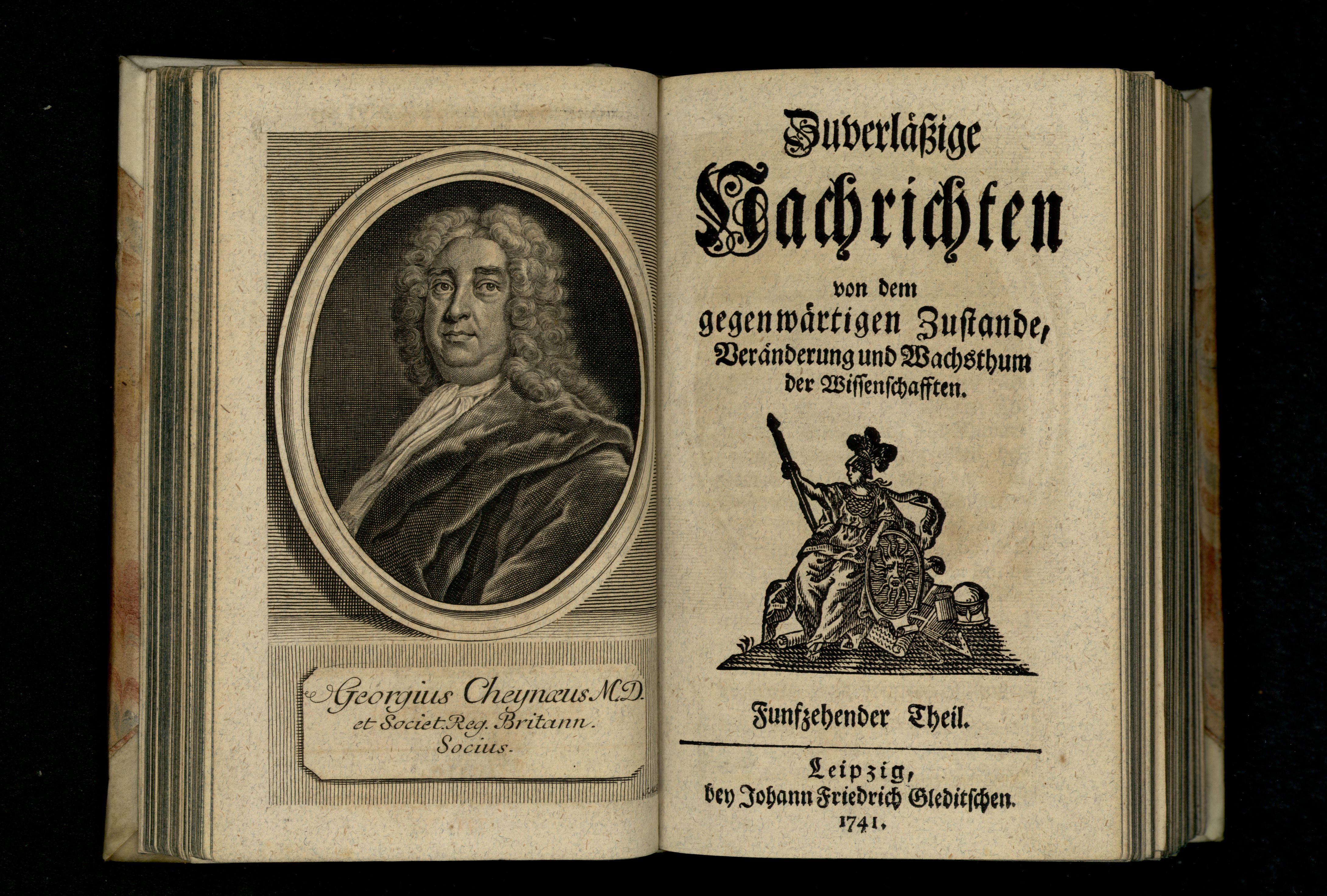 Porträt von Cheyne, George  (Zuverläßige Nachrichten von dem gegenwärtigen Zustande der Wissenschaften., 1741, 15. T., ungez. Bl. vor S. 155. [Doppelseite])