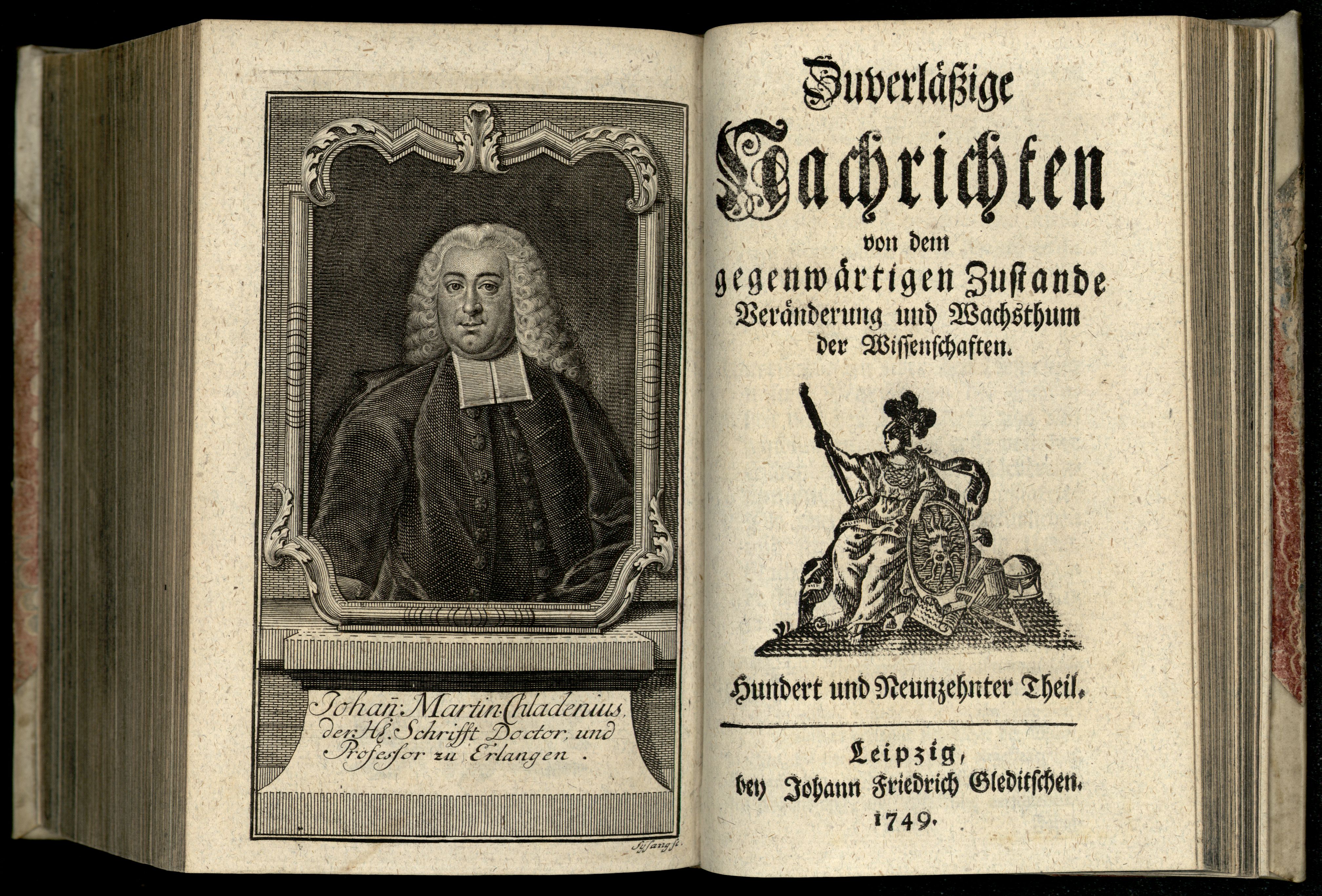 Porträt von Chladni, Johann Martin  (Zuverläßige Nachrichten von dem gegenwärtigen Zustande der Wissenschaften., 1749, 119. T., ungez. Bl. vor S. 790. [Doppelseite])