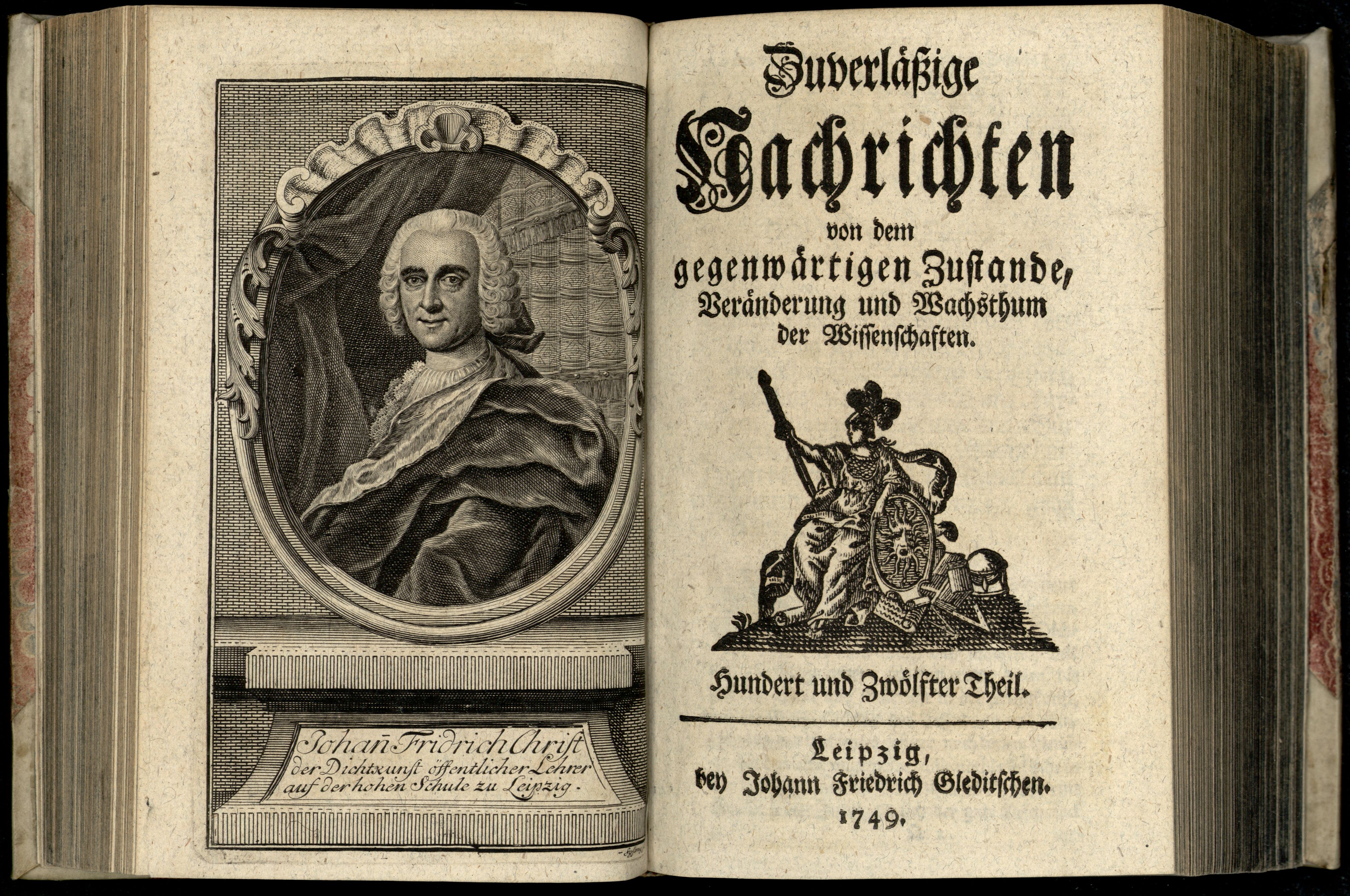 Porträt von Christ, Johann Friedrich  (Zuverläßige Nachrichten von dem gegenwärtigen Zustande der Wissenschaften., 1749, 112. T., ungez. Bl. vor S. 236. [Doppelseite])