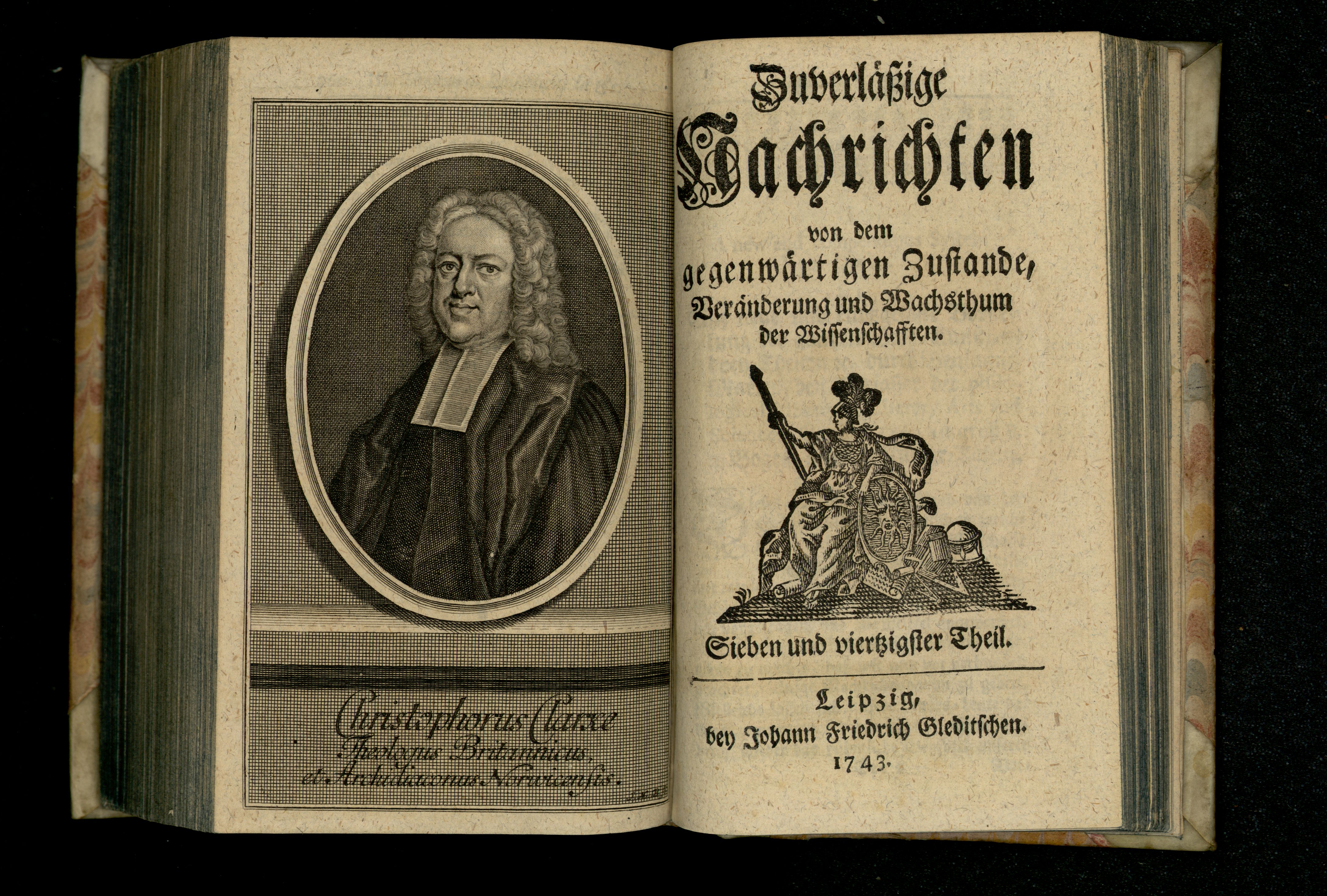 Porträt von Clarke, Christopher  (Zuverläßige Nachrichten von dem gegenwärtigen Zustande der Wissenschaften., 1743, 47. T., ungez. Bl. vor S. 761. [Doppelseite])