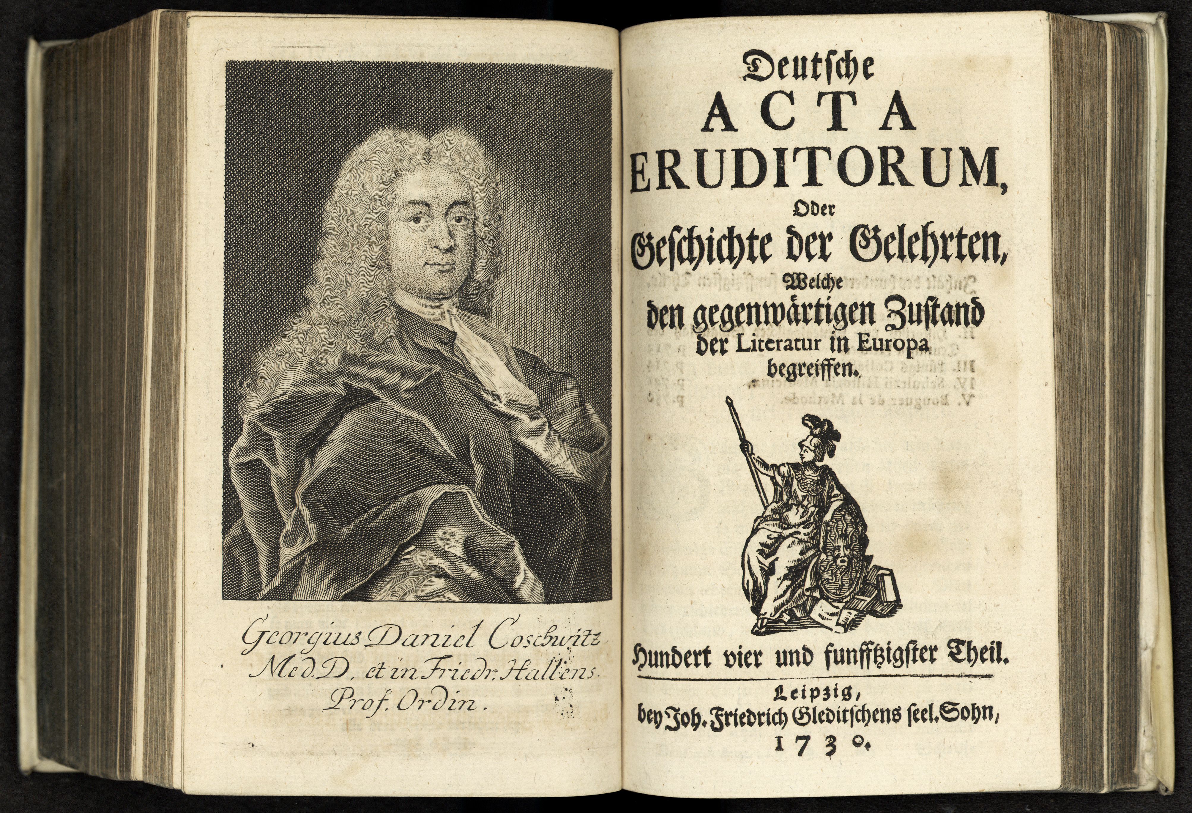 Porträt von Coschwitz, Georg Daniel  (Deutsche Acta Eruditorum., 1730, 154. T., ungez. Bl. vor S. 685. [Doppelseite])