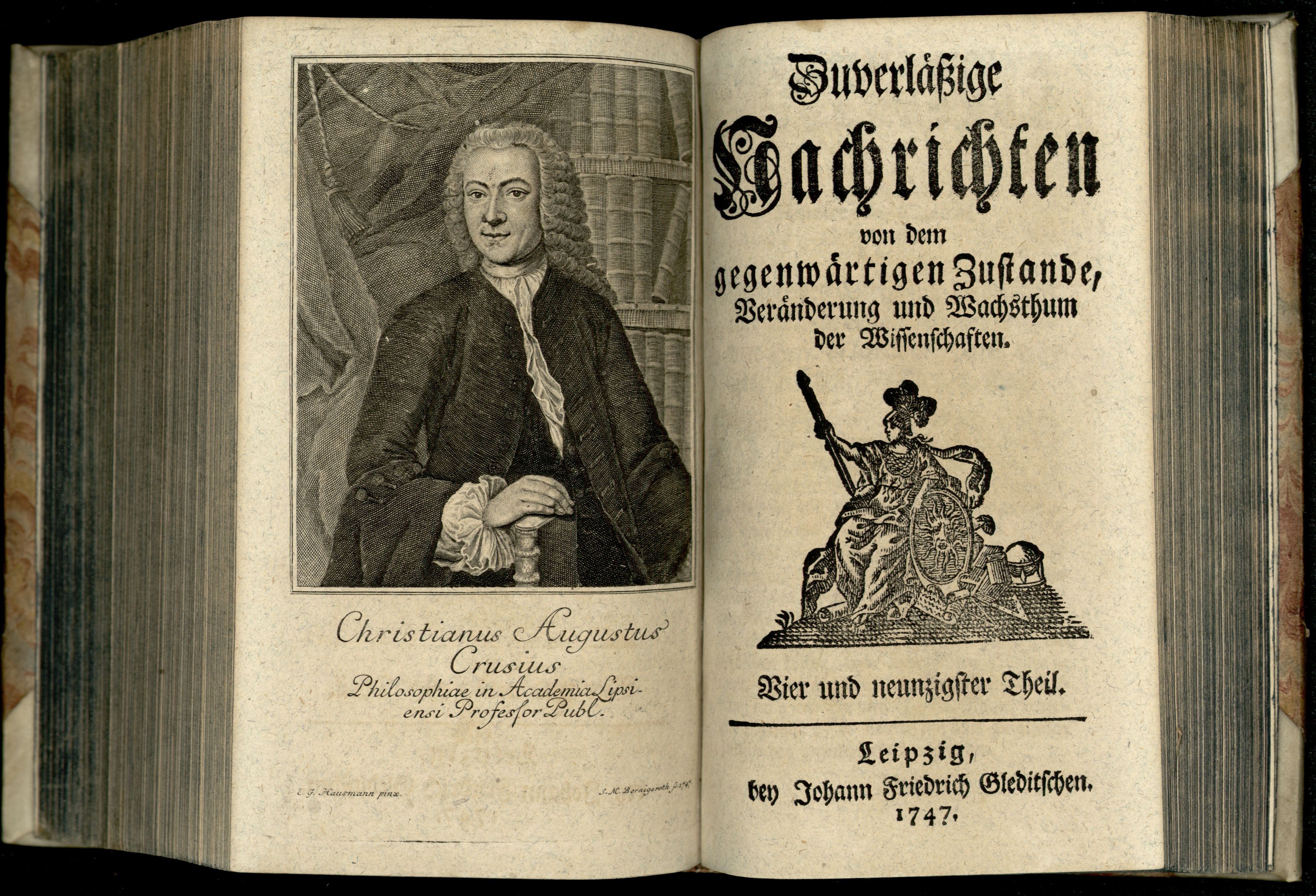 Porträt von Crusius, Christian August  (Zuverläßige Nachrichten von dem gegenwärtigen Zustande der Wissenschaften., 1747, 94. T., ungez. Bl. vor S. 704. [Doppelseite])