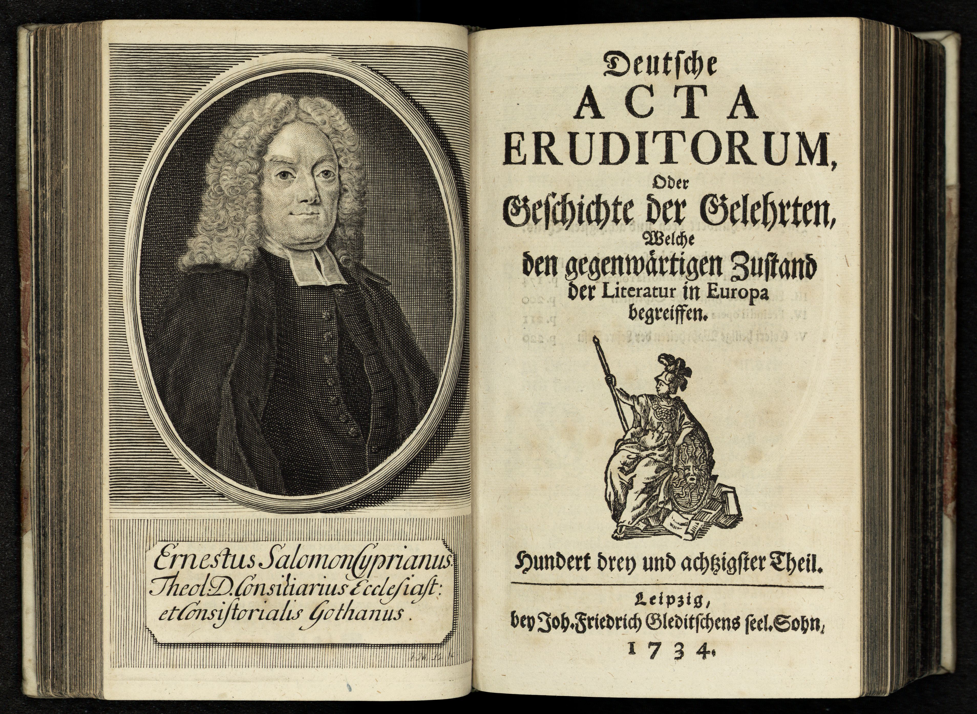 Porträt von Cyprian, Ernst Salomon  (Deutsche Acta Eruditorum., 1734, 183. T., ungez. Bl. vor S. 153. [Doppelseite])