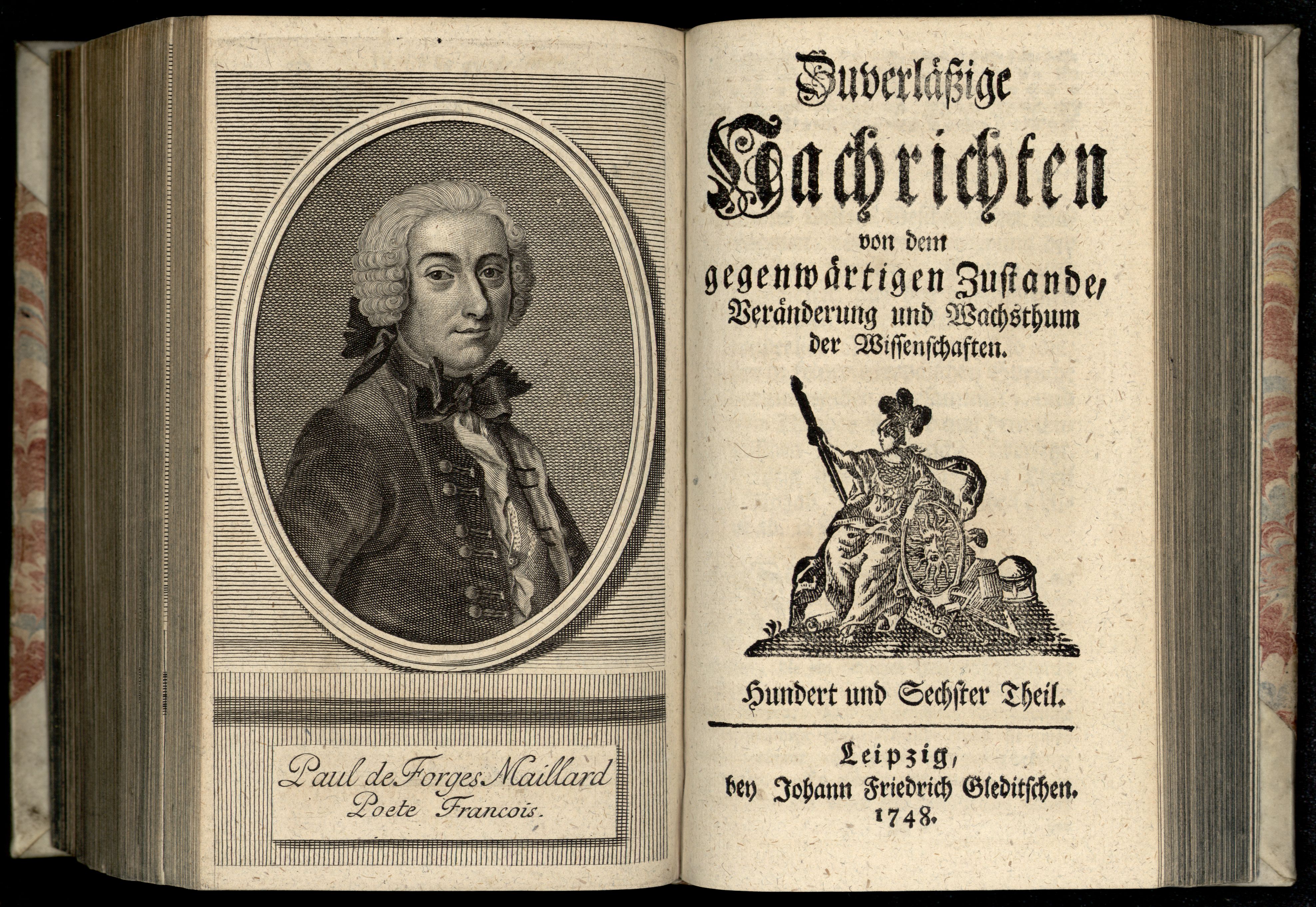 Porträt von Desforges-Maillard, Paul  (Zuverläßige Nachrichten von dem gegenwärtigen Zustande der Wissenschaften., 1748, 106. T., ungez. Bl. vor S. 736. [Doppelseite])