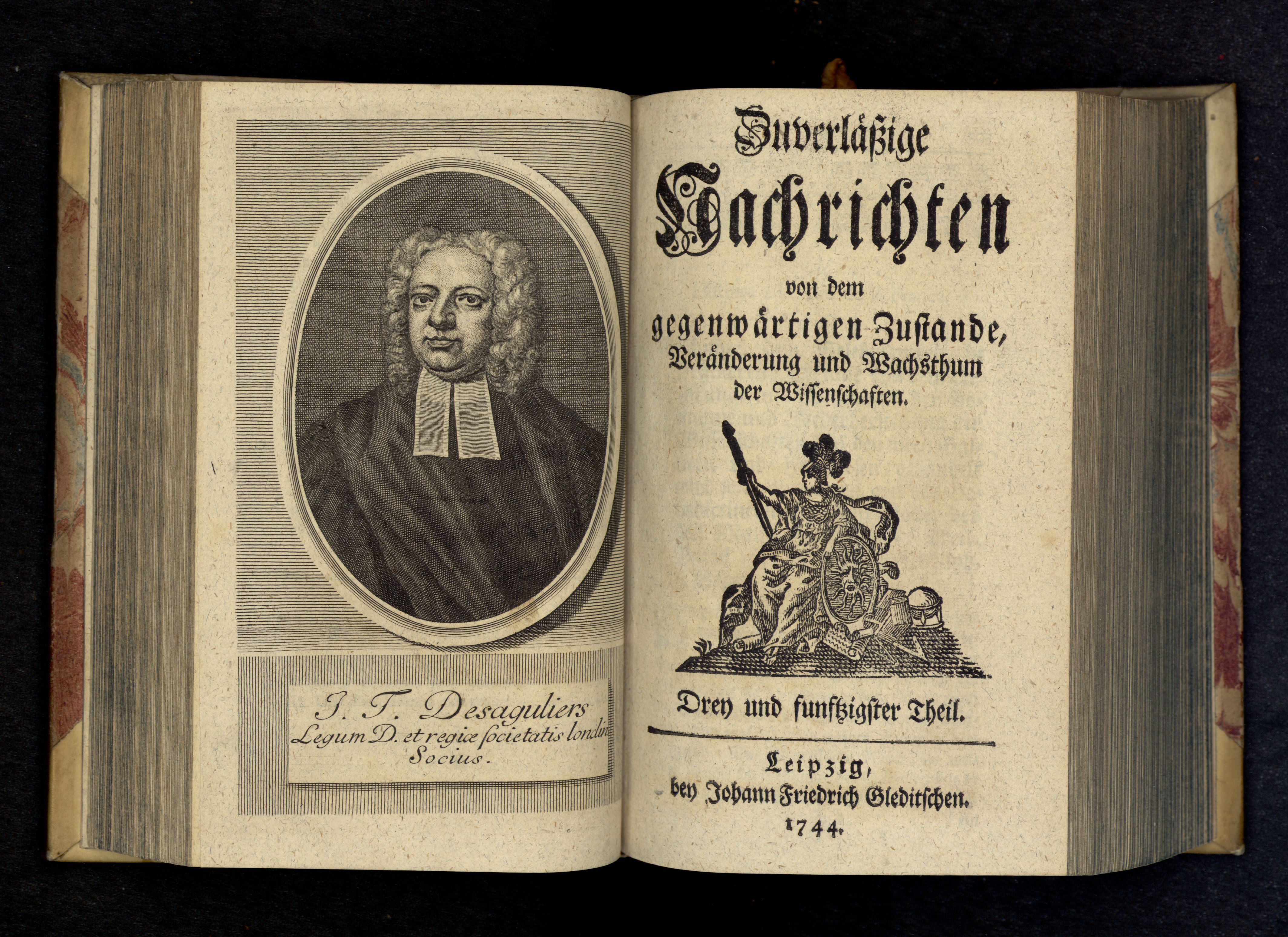 Porträt von Desaguliers, J. T.  (Zuverläßige Nachrichten von dem gegenwärtigen Zustande der Wissenschaften., 1744, 53. T., ungez. Bl. vor S. 305. [Doppelseite])