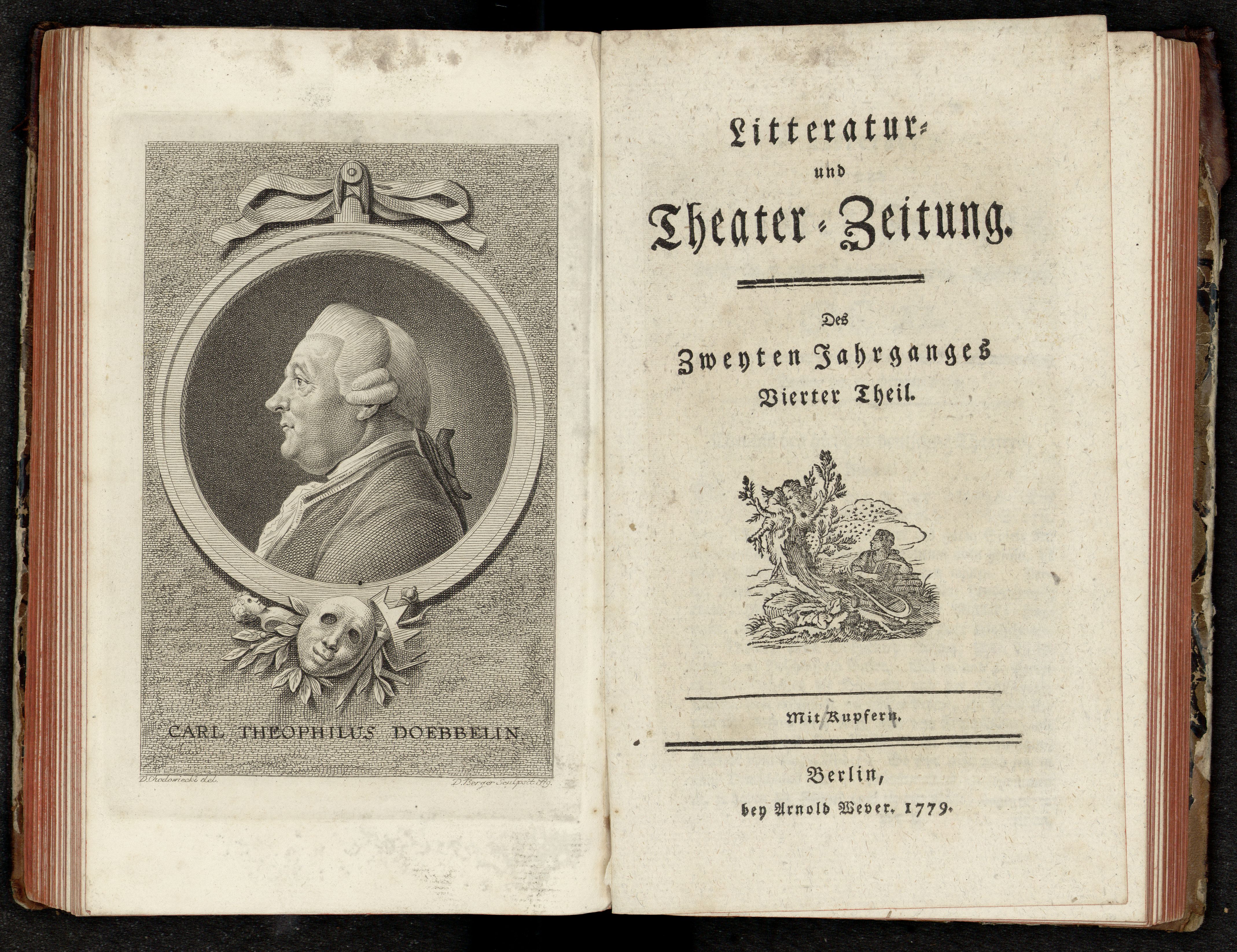 Porträt von Döbbelin, Karl Theophilus  (Litteratur- u. Theater-Zeitung., 1779, 4. T., ungez. Bl. am Anf. d. 4. Teils. [Doppelseite])