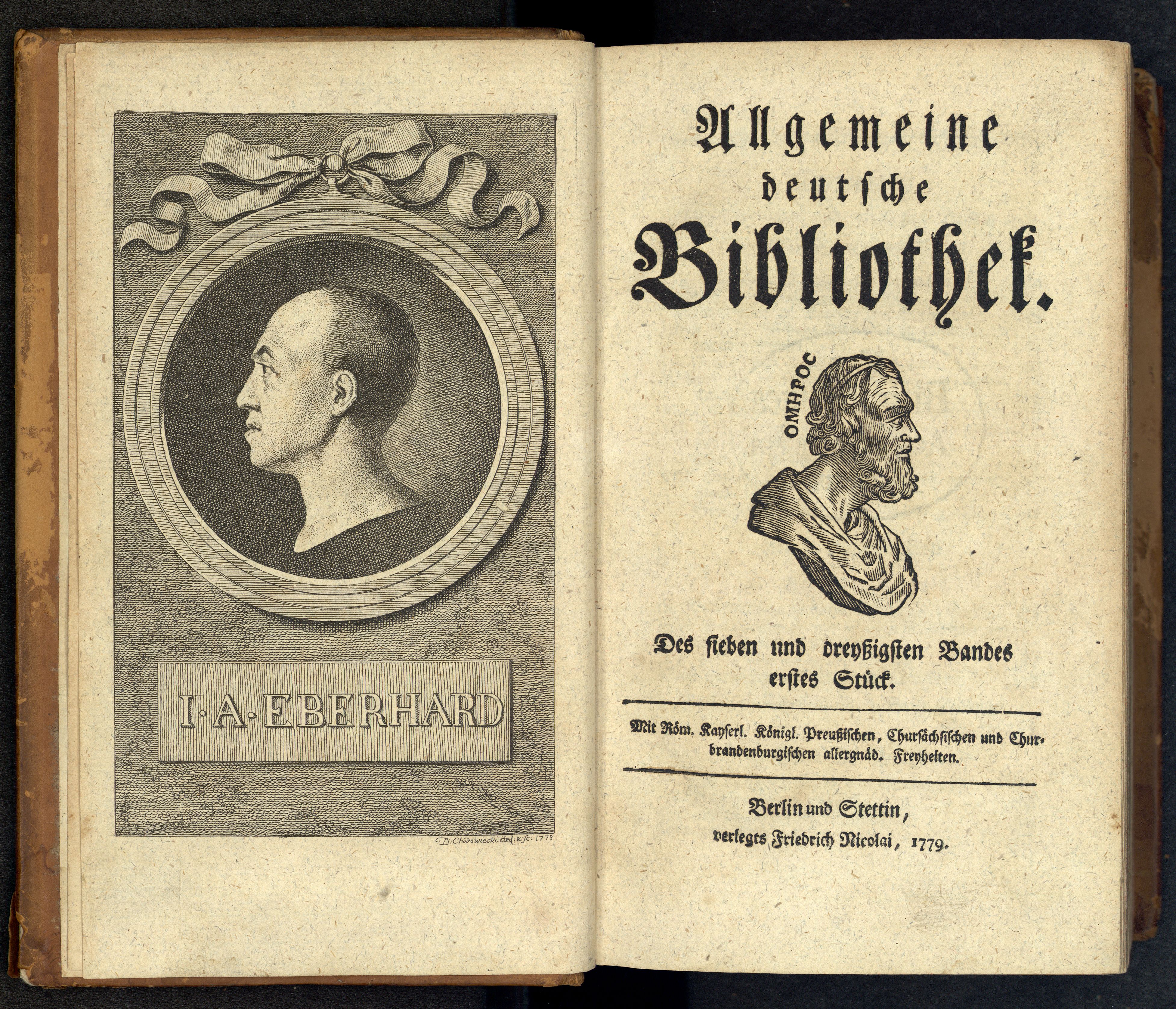 Porträt von Eberhard, Johann August  (Allgemeine deutsche Bibliothek., 1779, 37. Bd., 1. St., ungez. Bl. am Anf. d. Bandes. [Doppelseite])