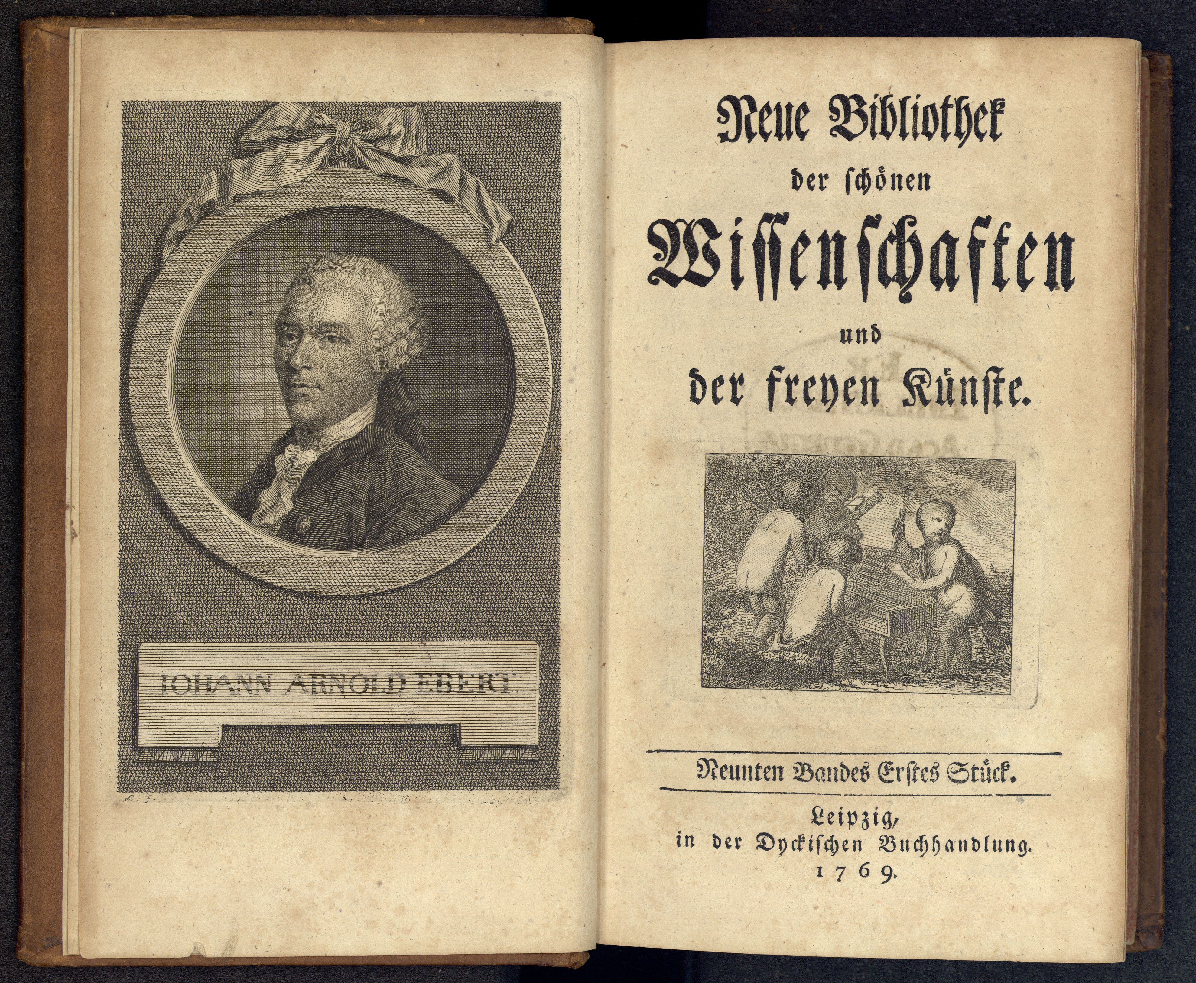 Porträt von Ebert, Johann Arnold  (Neue Bibliothek der schönen Wissenschaften., 1769, 9. Bd., 1. St., ungez. Bl. am Anf. d. Bandes. [Doppelseite])