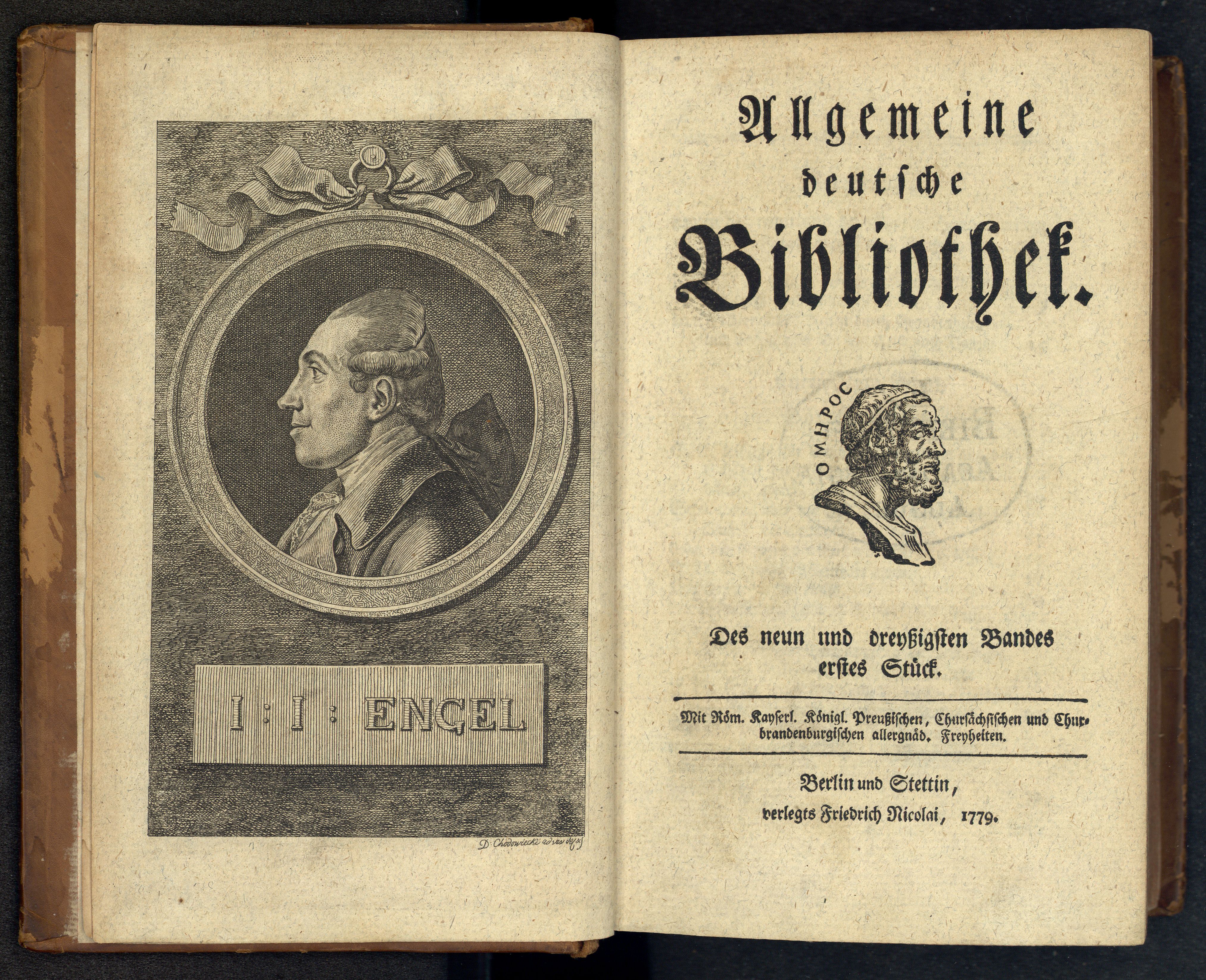 Porträt von Engel, Johann Jakob  (Allgemeine deutsche Bibliothek., 1779, 39. Bd., 1. St., ungez. Bl. am Anf. d. Bandes. [Doppelseite])