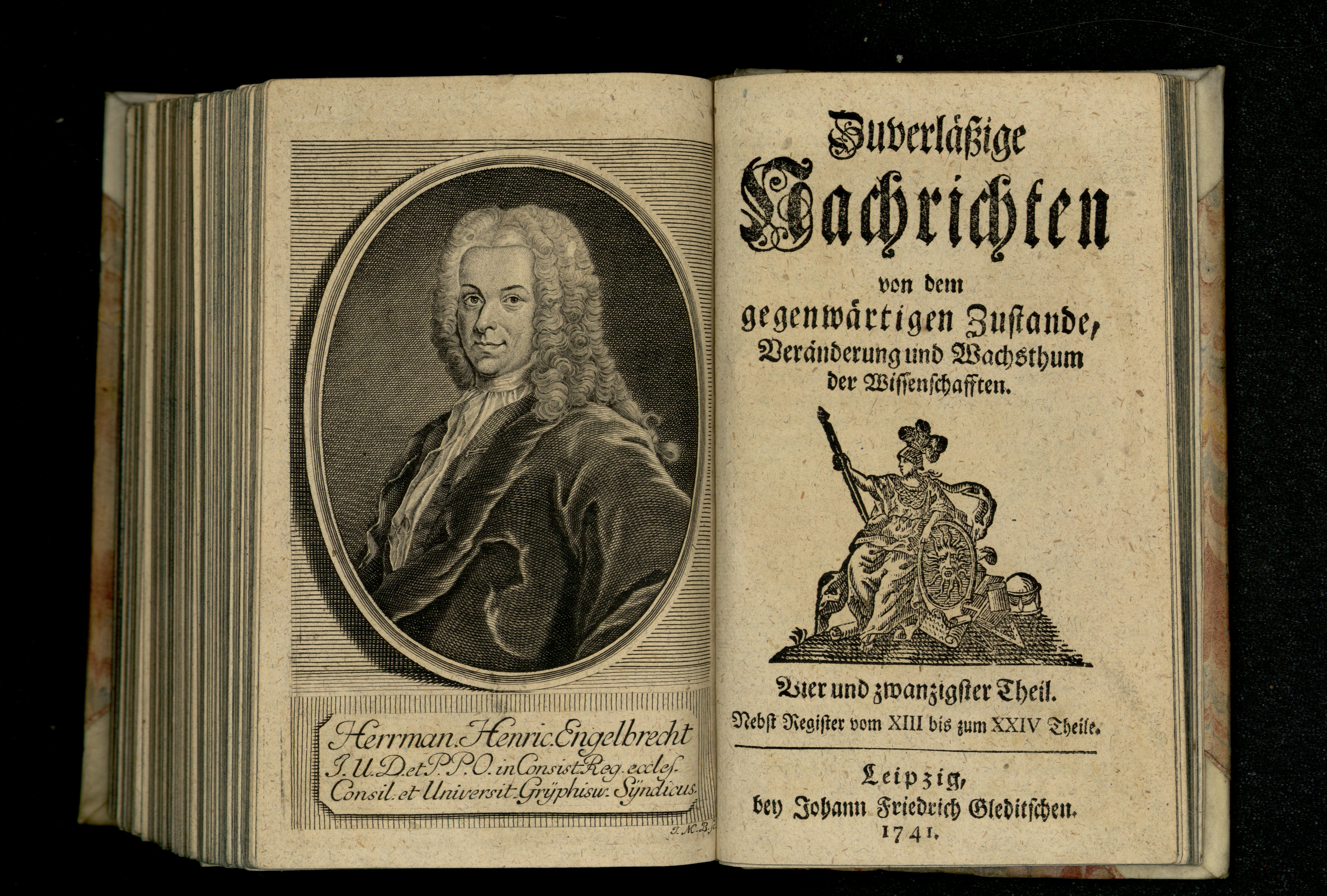 Porträt von Engelbrecht, Hermann Heinrich von  (Zuverläßige Nachrichten von dem gegenwärtigen Zustande der Wissenschaften., 1741, 24. T., ungez. Bl. vor S. 839. [Doppelseite])