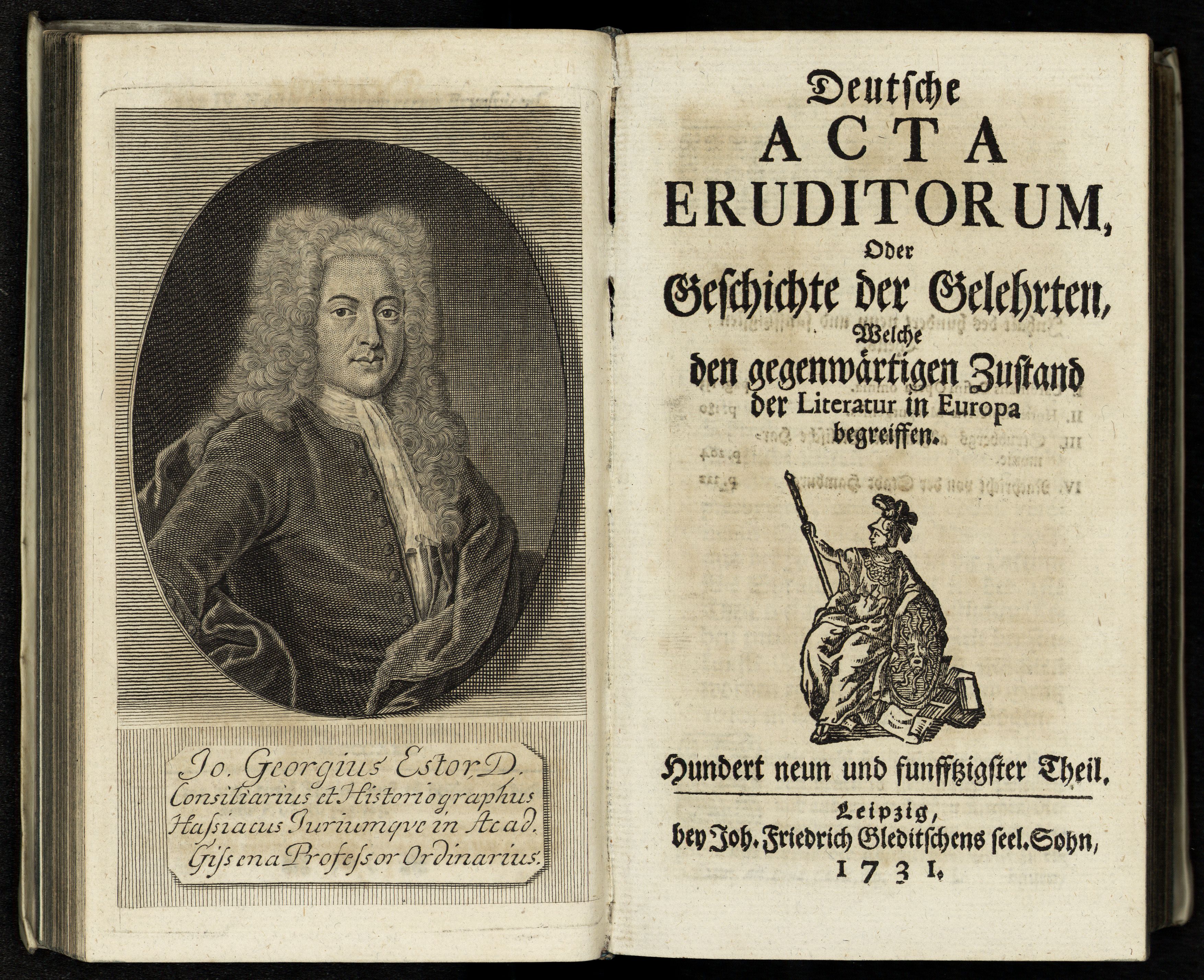 Porträt von Estor, Johann Georg  (Deutsche Acta Eruditorum., 1731, 159. T., ungez. Bl. vor S. 153. [Doppelseite])