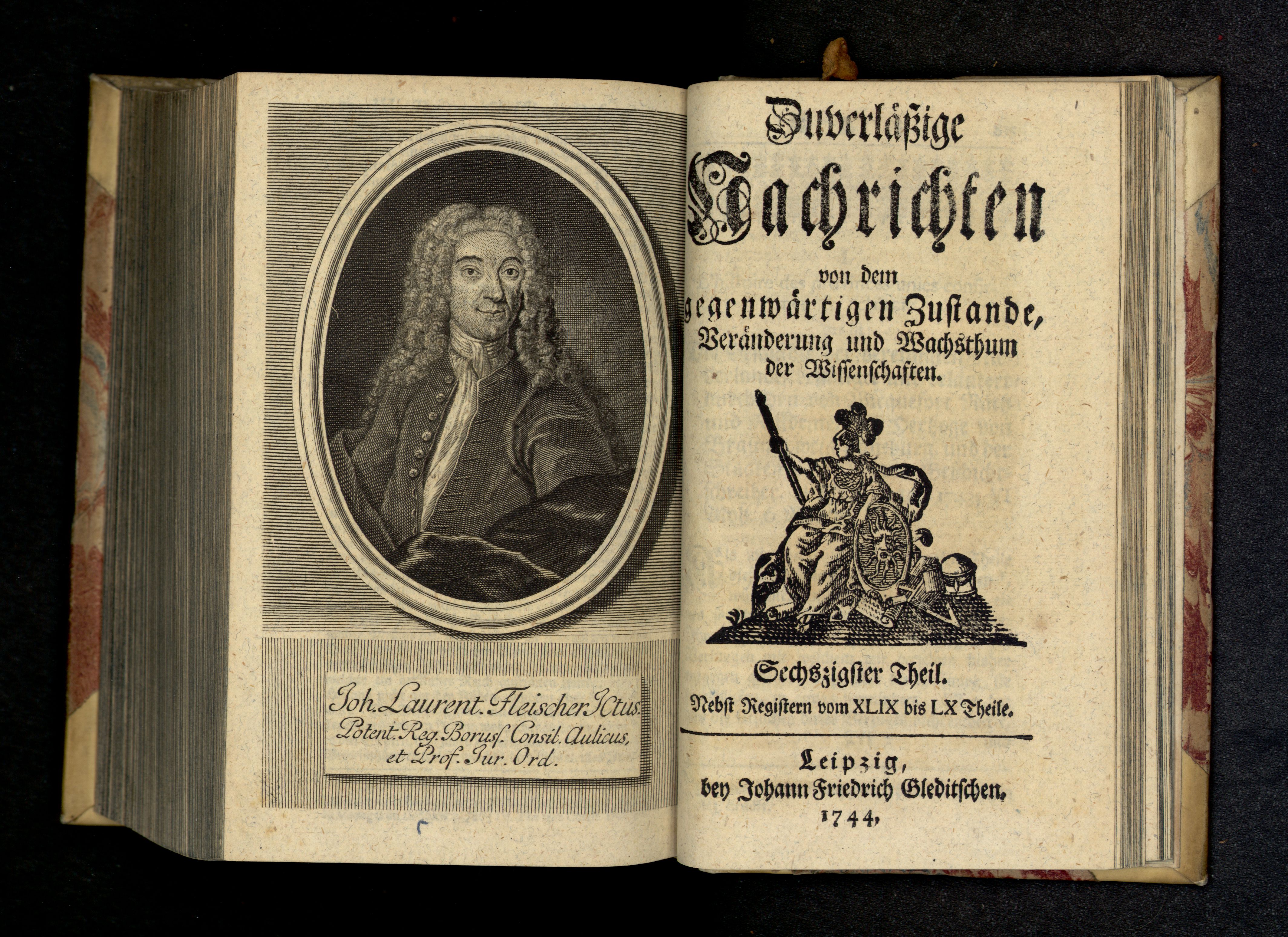 Porträt von Fleischer, Johann Lorenz  (Zuverläßige Nachrichten von dem gegenwärtigen Zustande der Wissenschaften., 1744, 60. T., ungez. Bl. vor S. 835. [Doppelseite])