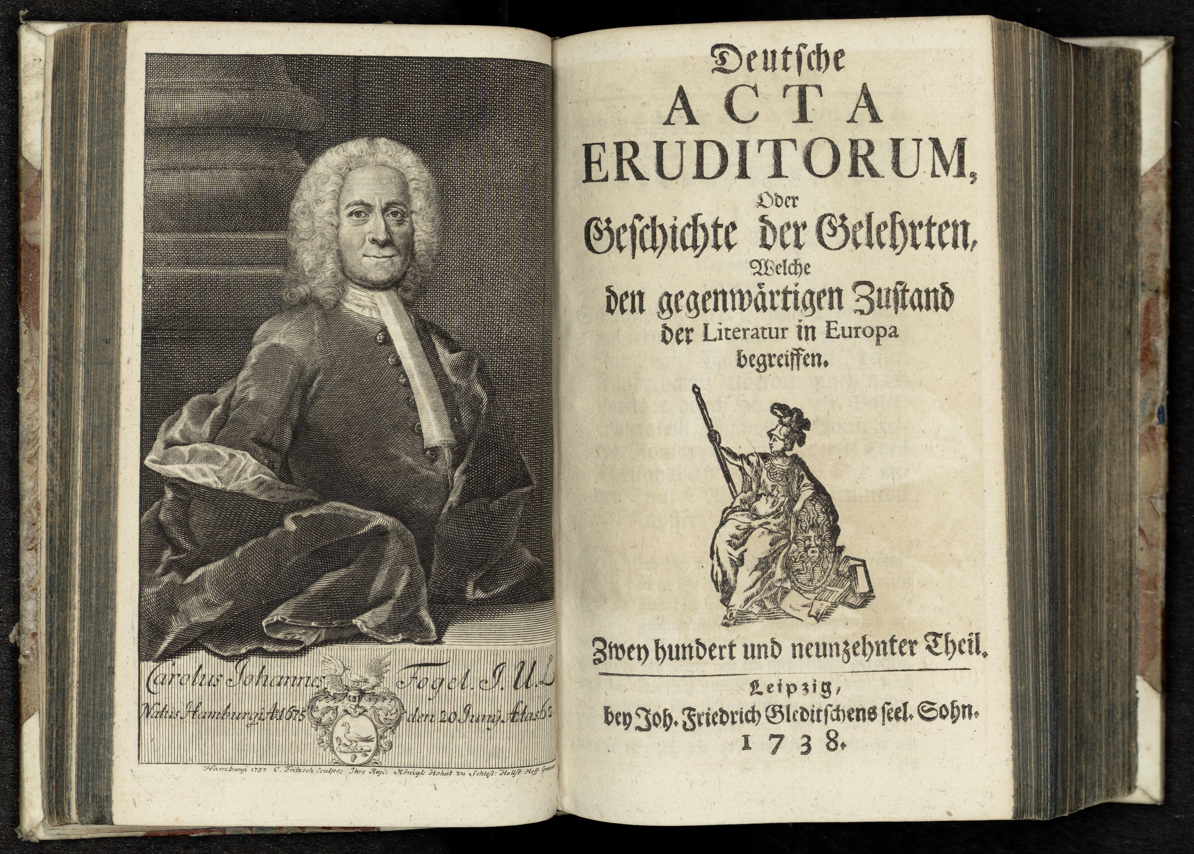 Porträt von Fogel, Karl Johann  (Deutsche Acta Eruditorum., 1738, 219. T., ungez. Bl. vor S. 153. [Doppelseite])