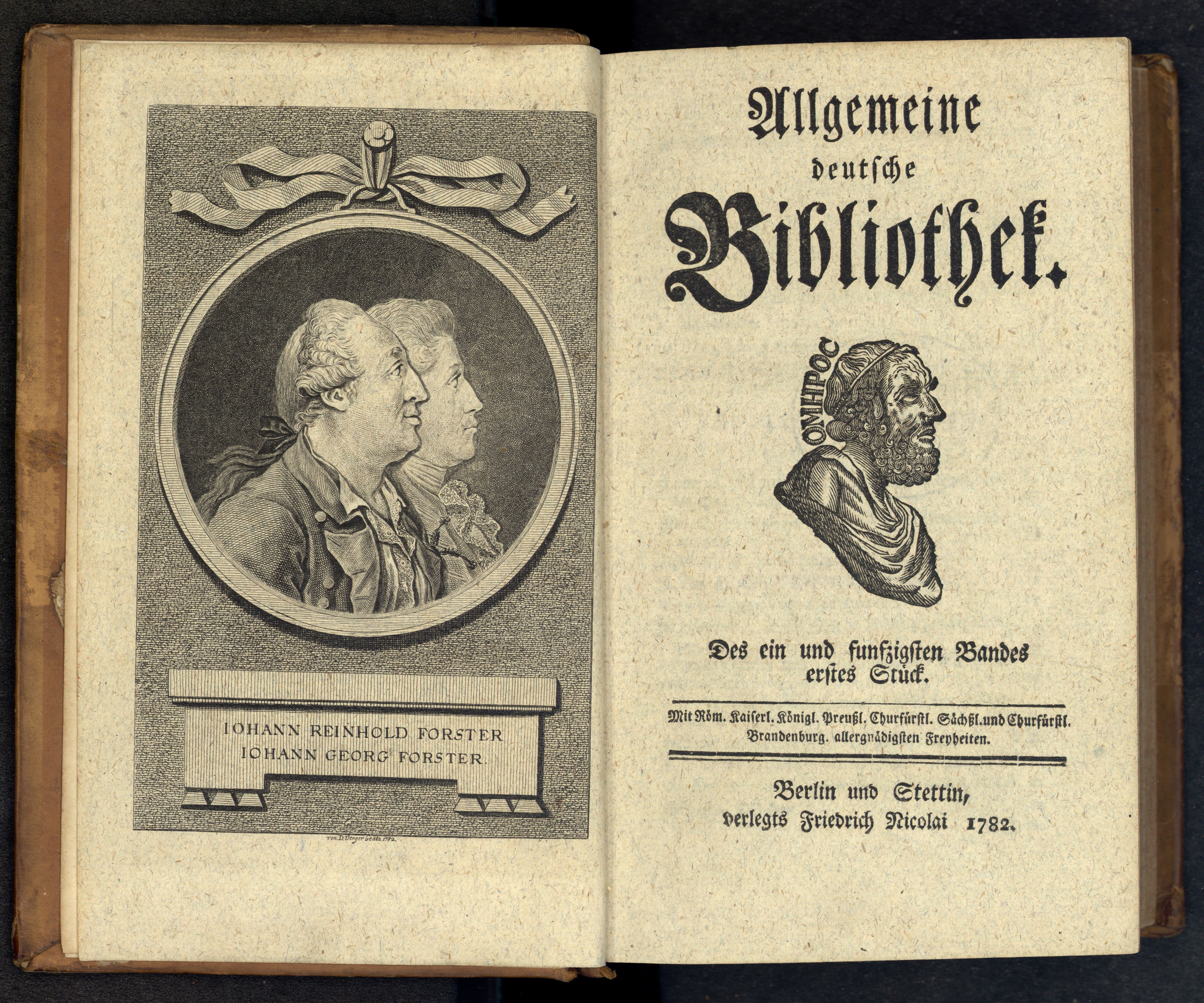 Porträt von Forster, Georg  (Allgemeine deutsche Bibliothek., 1782, 51. Bd., 1. St., ungez. Bl. am Anf. d. Bandes. [Doppelseite])