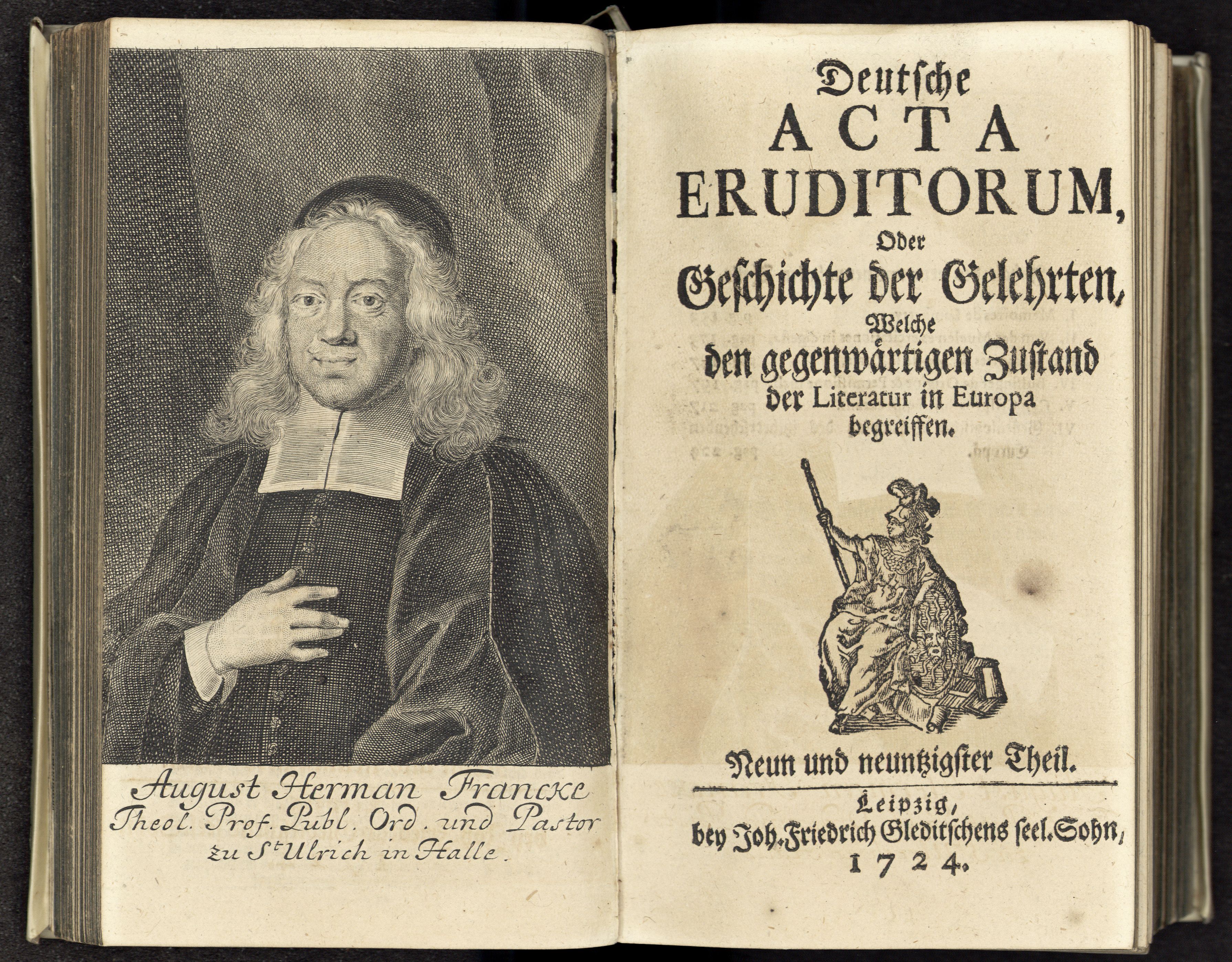 Porträt von Francke, August Hermann  (Deutsche Acta Eruditorum., 1724, 99. T., ungez. Bl. vor S. 153. [Doppelseite])