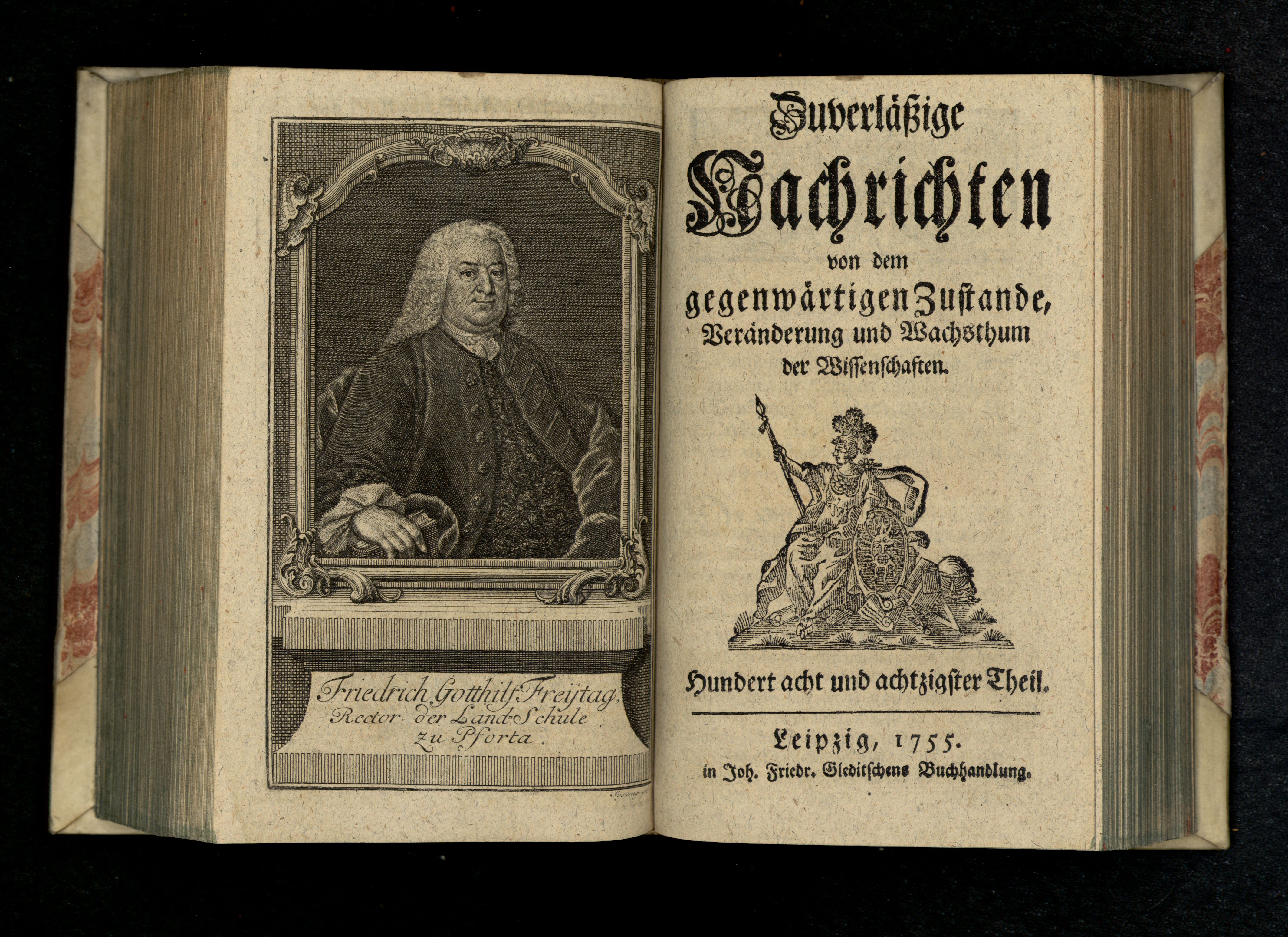 Porträt von Freitag, Friedrich Gotthilf  (Zuverläßige Nachrichten von dem gegenwärtigen Zustande der Wissenschaften., 1755, 188. T., ungez. Bl. vor S. 544. [Doppelseite])