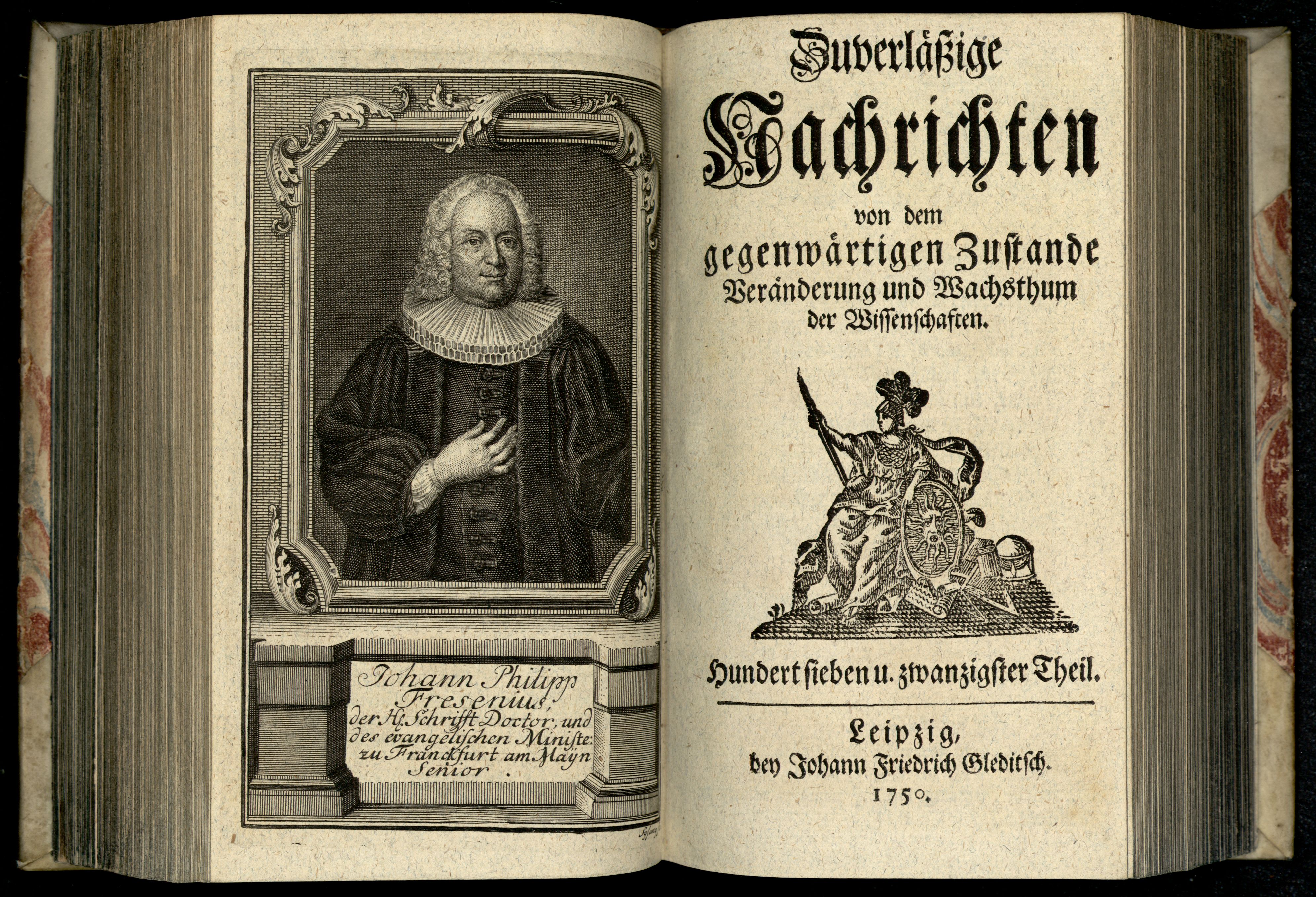 Porträt von Fresenius, Johann Philipp  (Zuverläßige Nachrichten von dem gegenwärtigen Zustande der Wissenschaften., 1750, 127. T., ungez. Bl. vor S. 468. [Doppelseite])