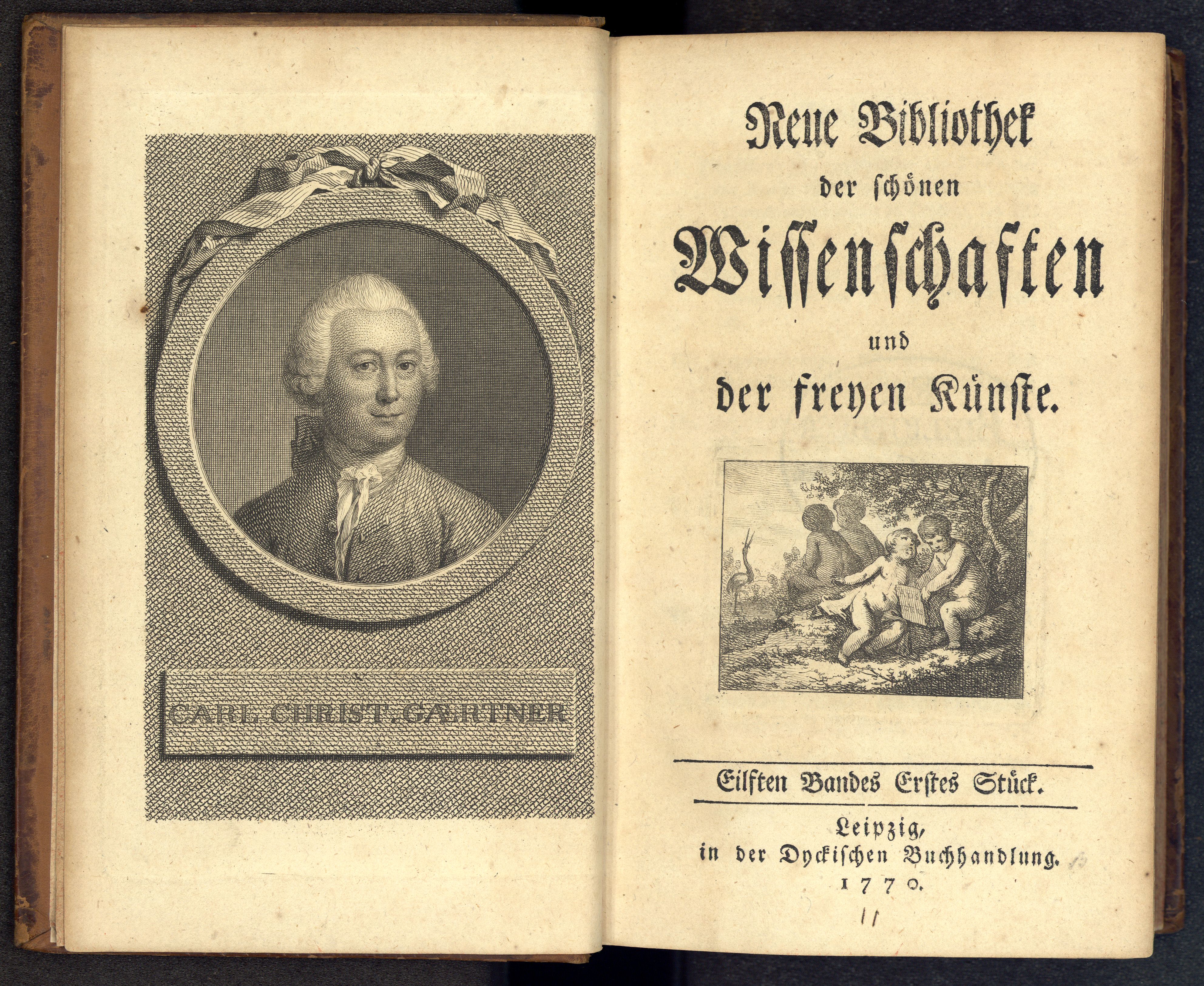 Porträt von Gärtner, Karl Christian  (Neue Bibliothek der schönen Wissenschaften., 1770, 11. Bd., 1. St., ungez. Bl. am Anf. d. Bandes. [Doppelseite])