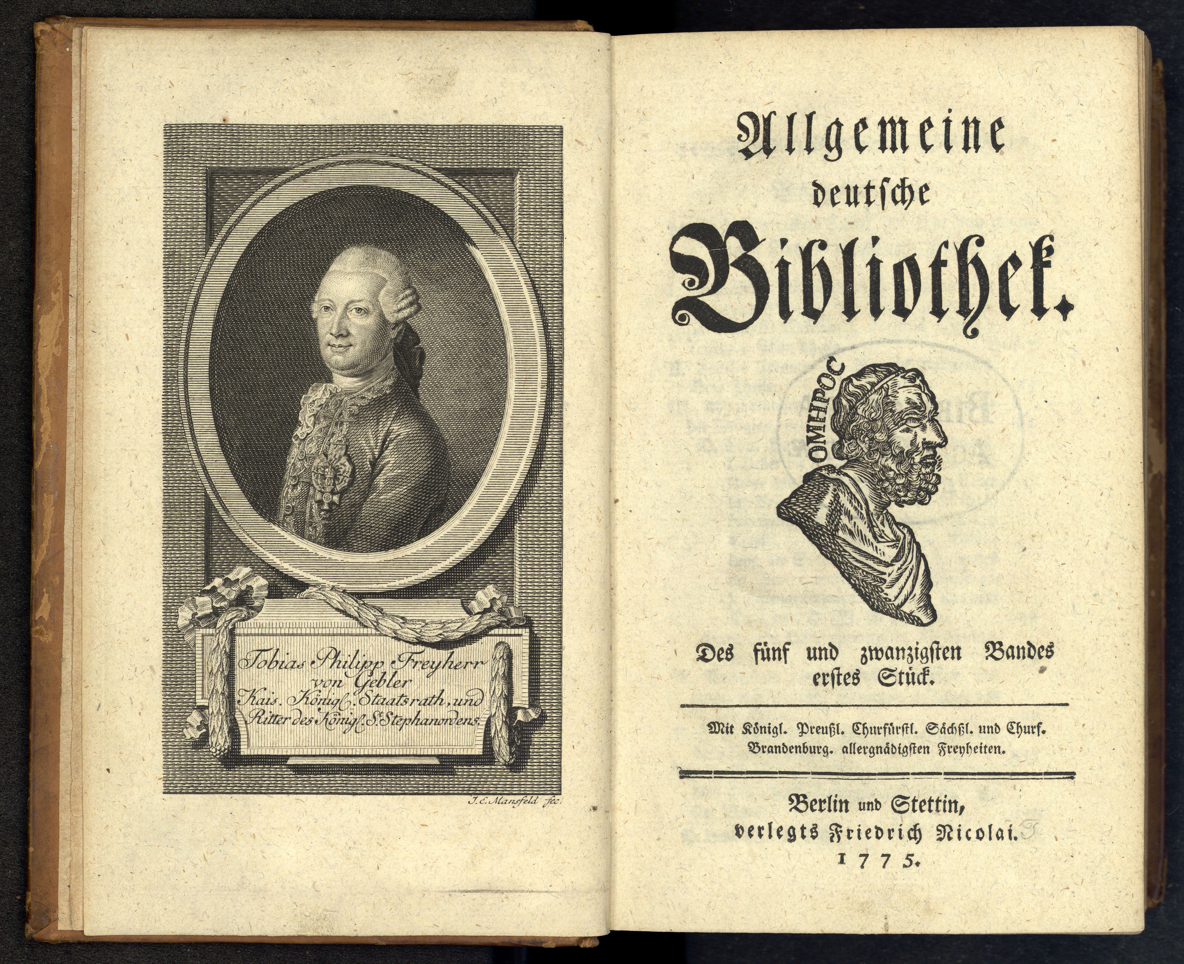 Porträt von Gebler, Tobias Philipp von  (Allgemeine deutsche Bibliothek., 1775, 25. Bd., 1. St., ungez. Bl. am Anf. d. Bandes. [Doppelseite])