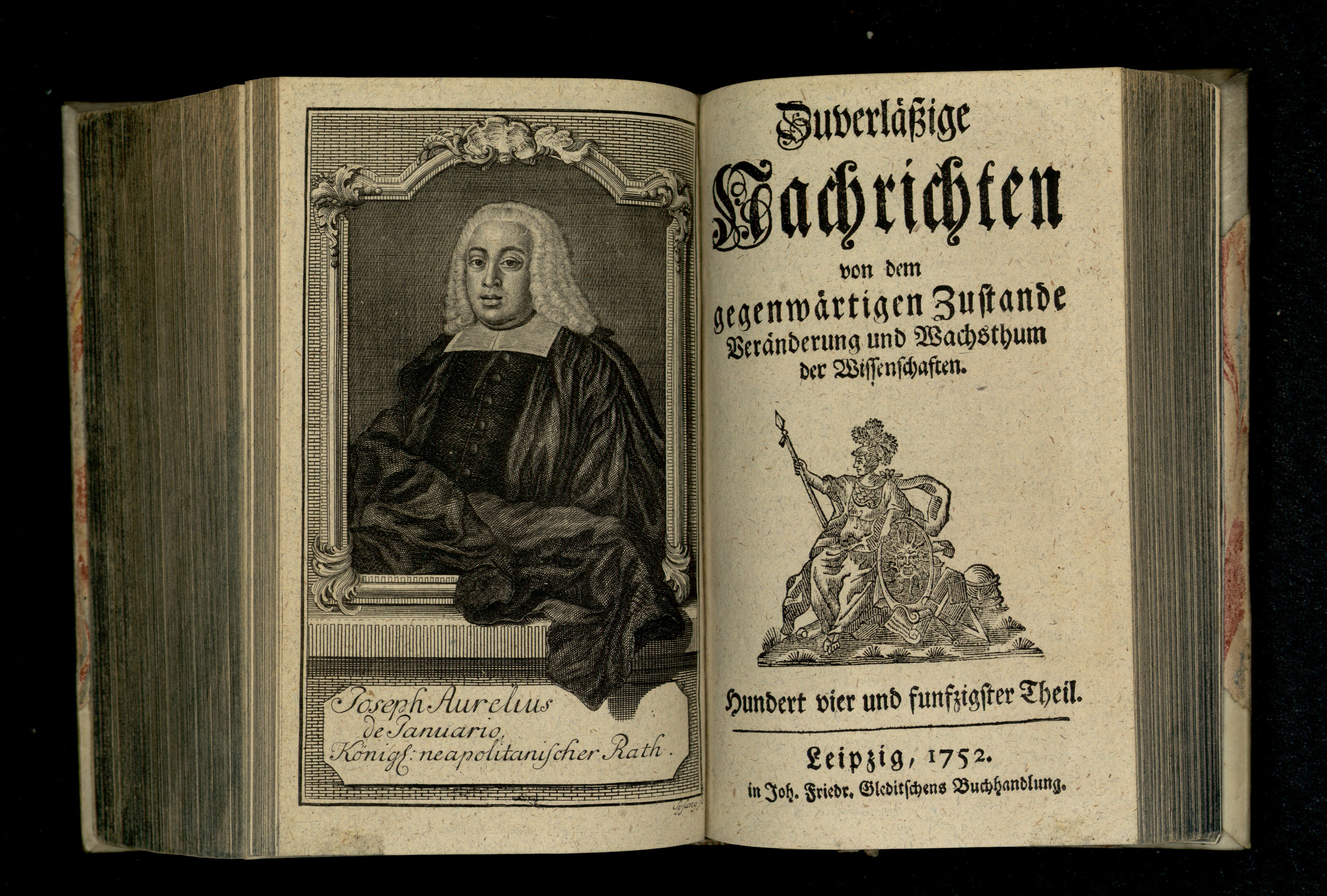 Porträt von Gennaro, Giuseppe Aurelio di  (Zuverläßige Nachrichten von dem gegenwärtigen Zustande der Wissenschaften., 1752, 154. T., ungez. Bl. vor S. 514. [Doppelseite])