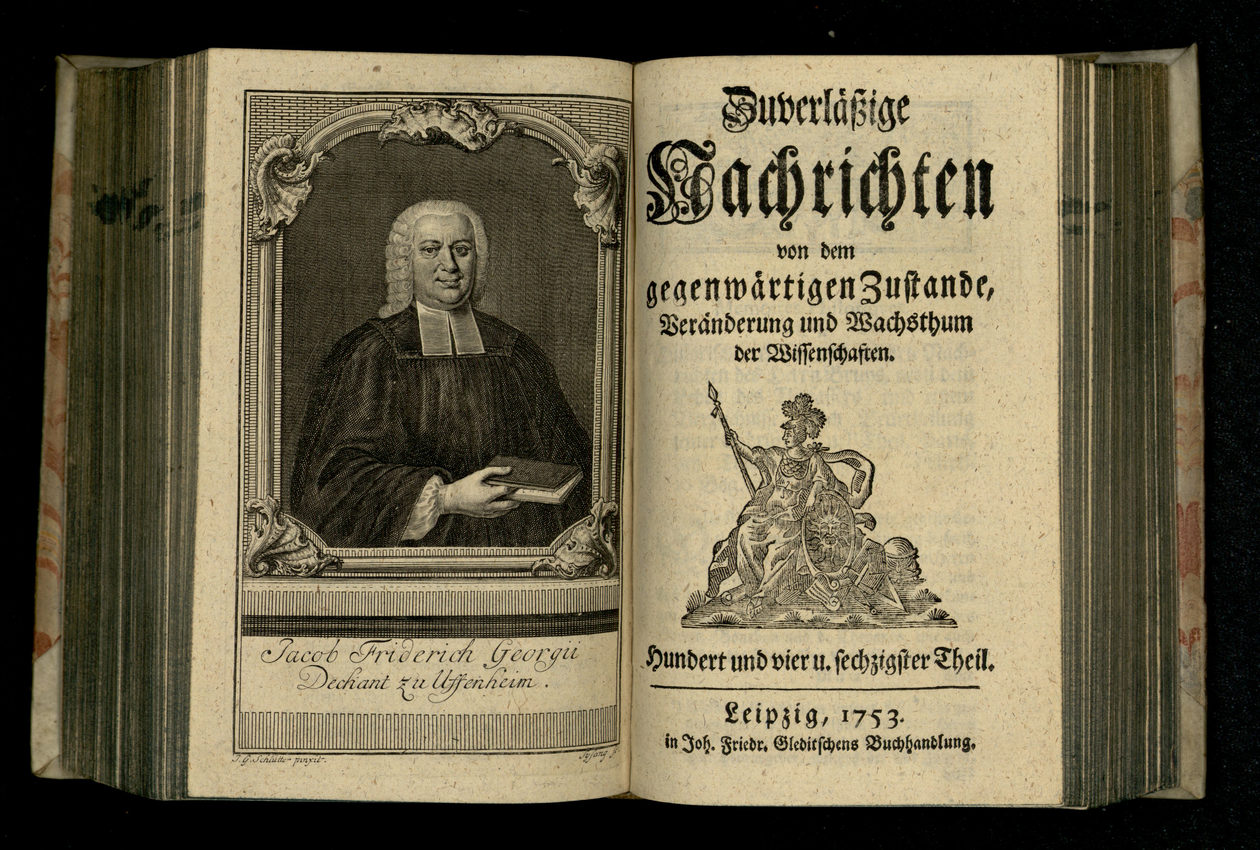 Porträt von Georgii, Jacob Fridrich  (Zuverläßige Nachrichten von dem gegenwärtigen Zustande der Wissenschaften., 1753, 164. T., ungez. Bl. vor S. 552. [Doppelseite])