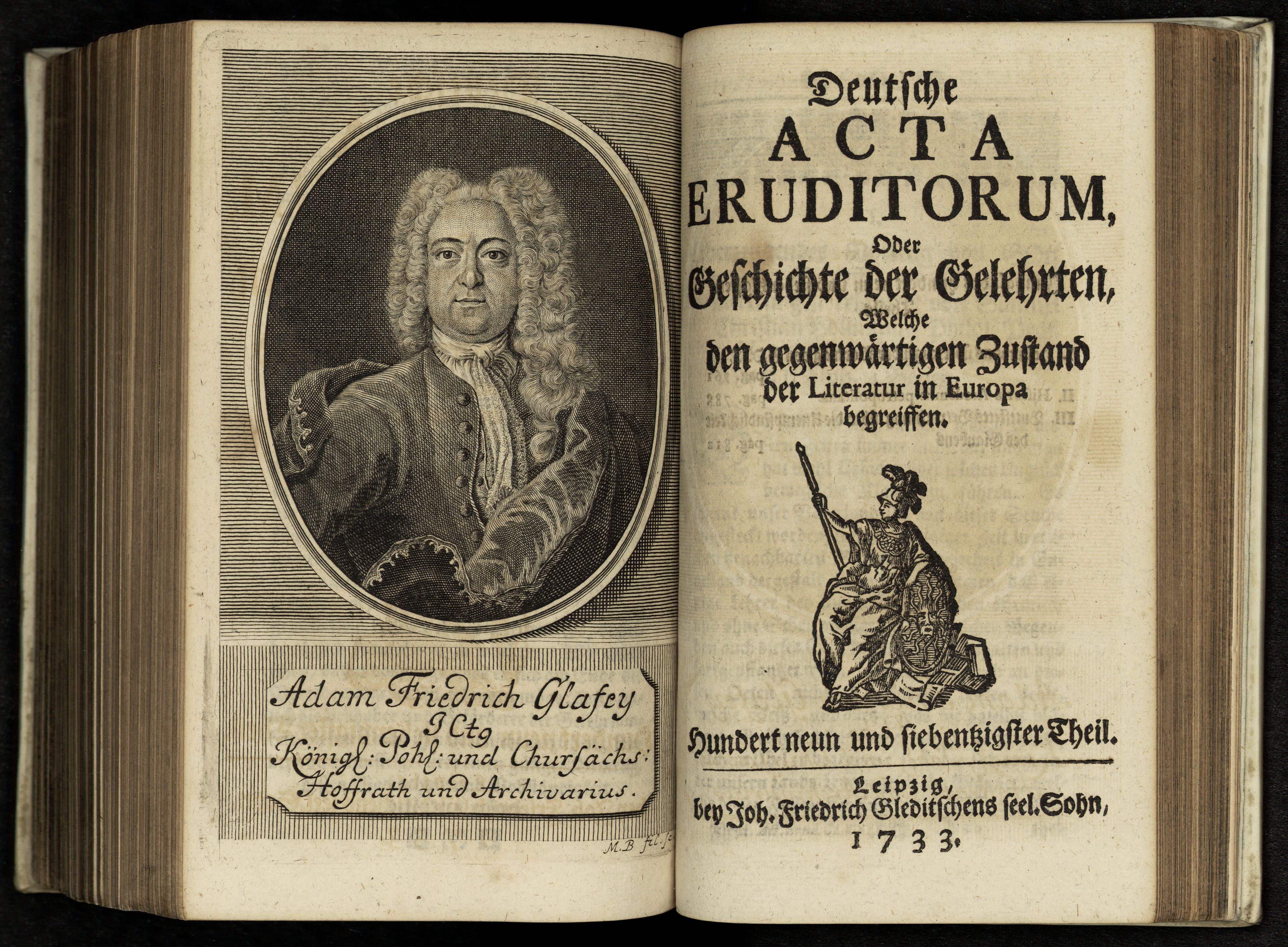 Porträt von Glafey, Adam Friedrich  (Deutsche Acta Eruditorum., 1733, 179. T., ungez. Bl. vor S. 761. [Doppelseite])