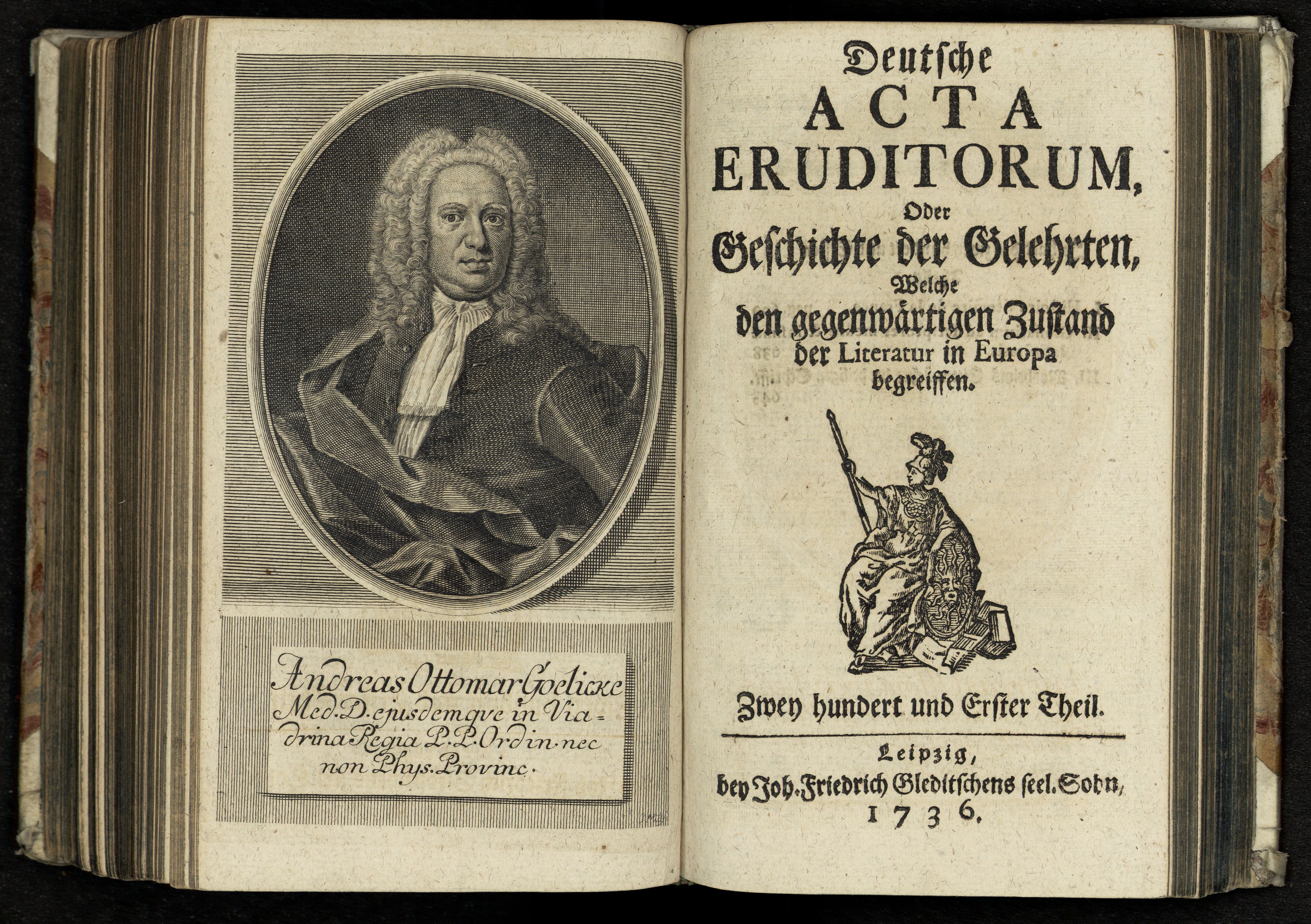Porträt von Goelicke, Andreas Ottomar  (Deutsche Acta Eruditorum., 1736, 201. T., ungez. Bl. vor S. 609. [Doppelseite])
