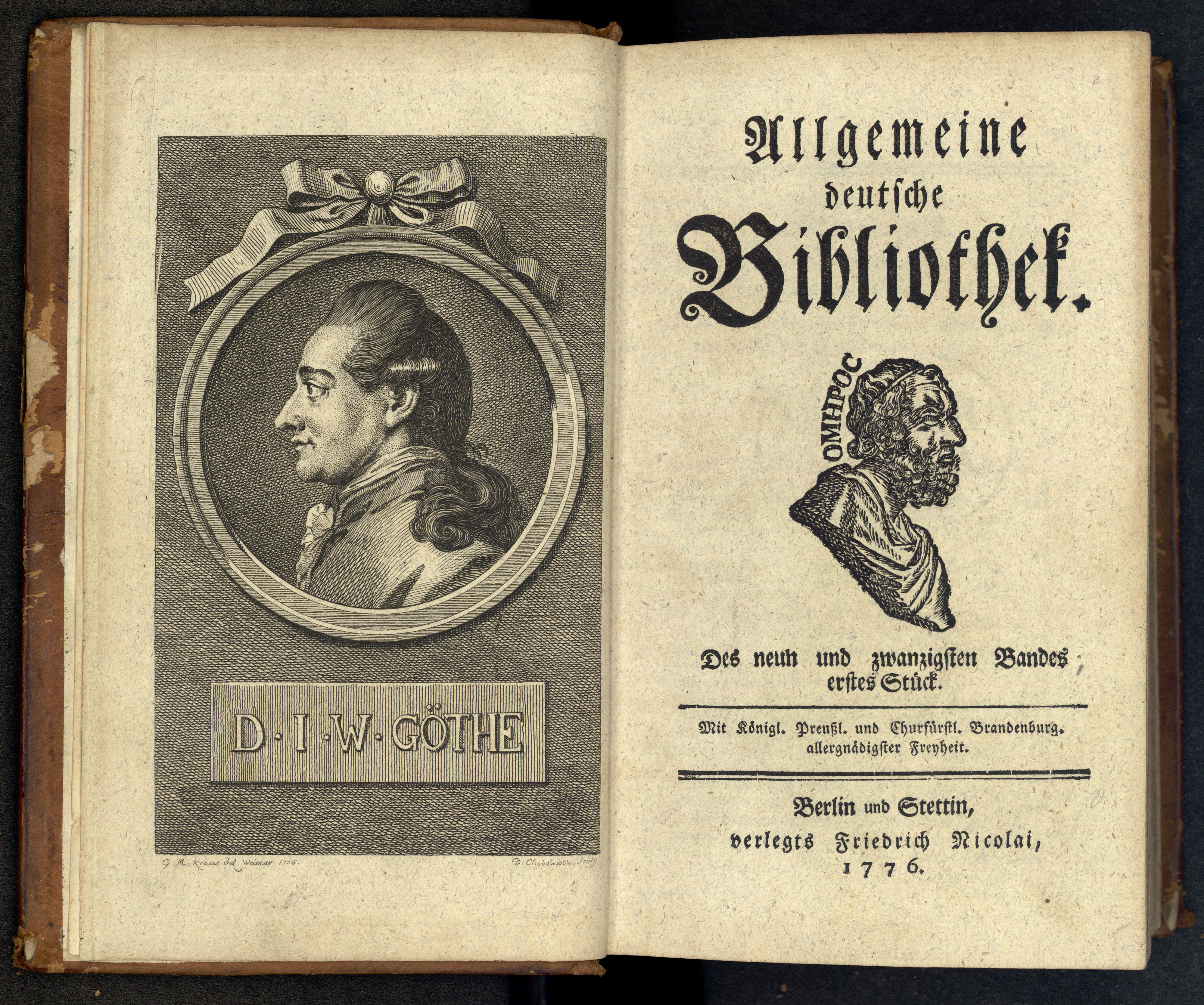 Porträt von Goethe, Johann Wolfgang von  (Allgemeine deutsche Bibliothek., 1776, 29. Bd., 1. St., ungez. Bl. am Anf. d. Bandes. [Doppelseite])