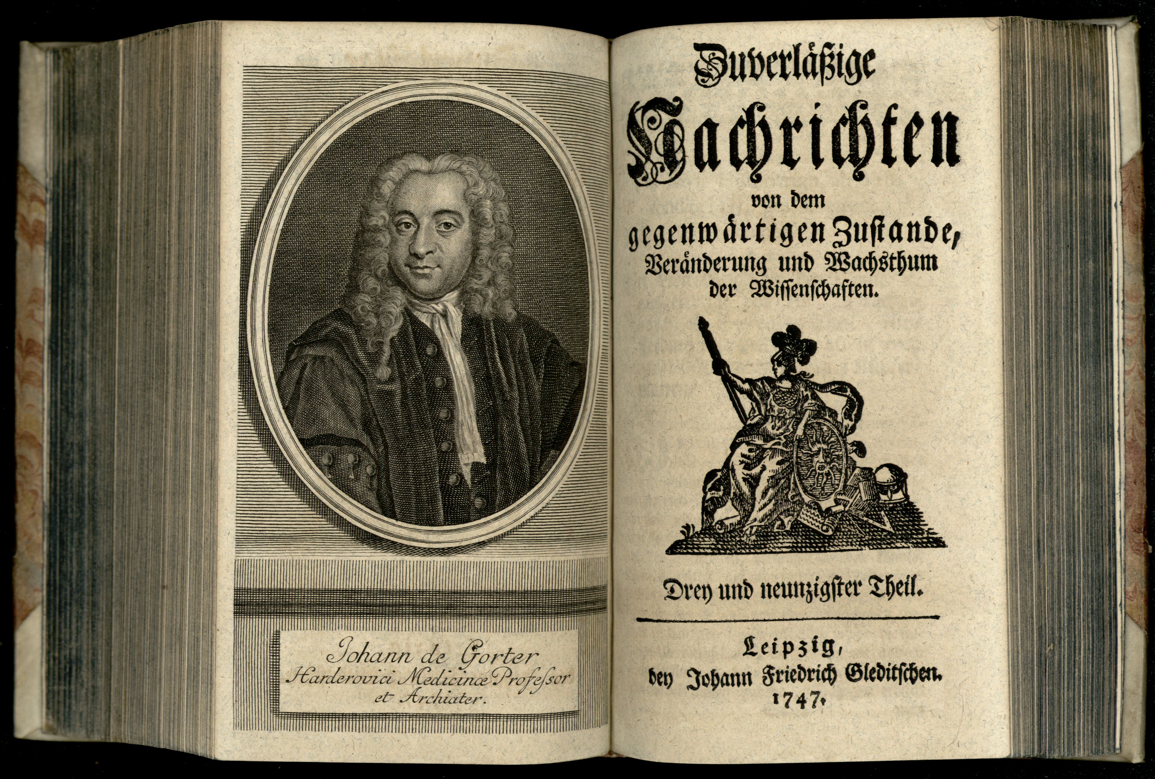 Porträt von Gorter, Johannes de  (Zuverläßige Nachrichten von dem gegenwärtigen Zustande der Wissenschaften., 1747, 93. T., ungez. Bl. vor S. 626. [Doppelseite])