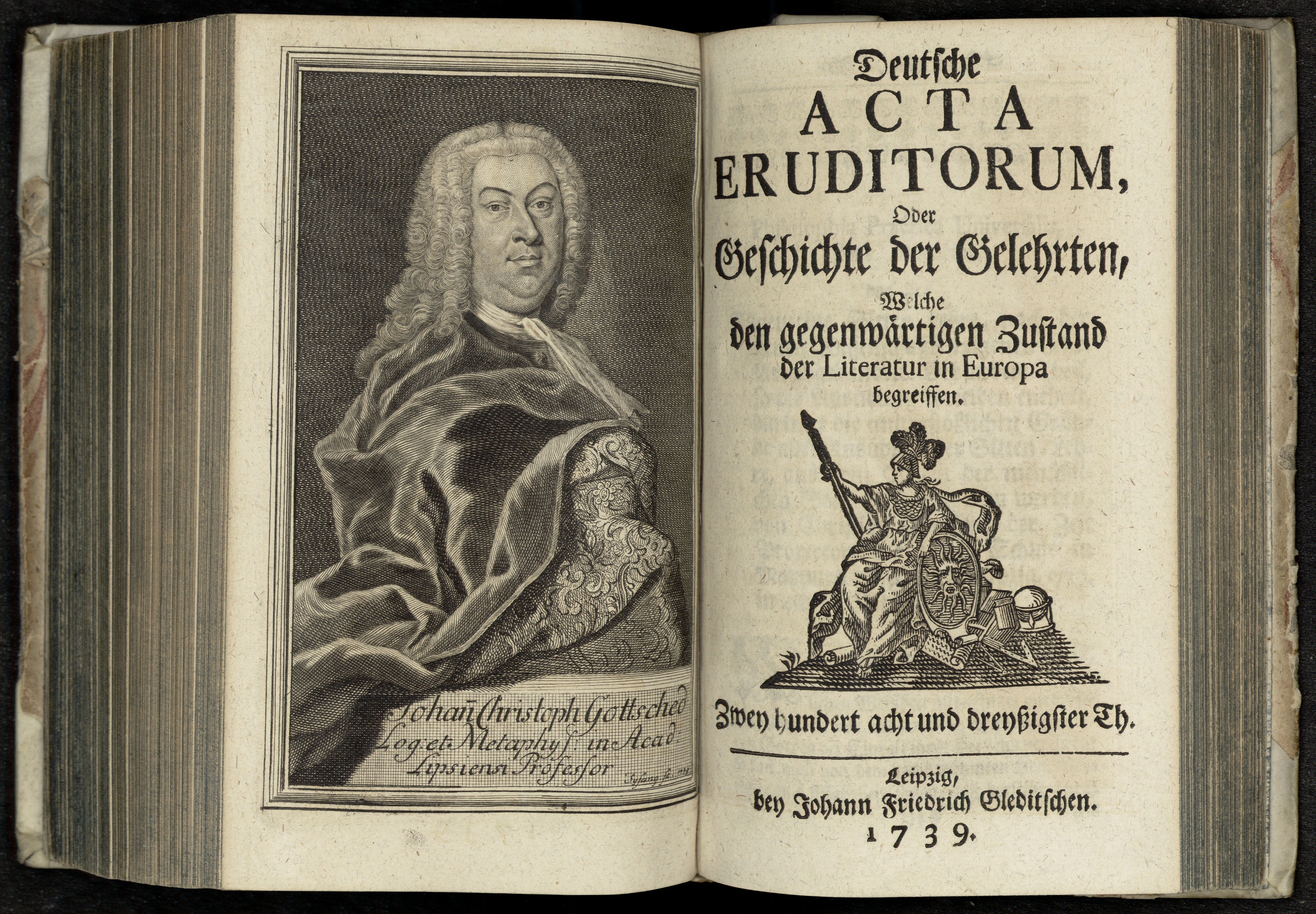 Porträt von Gottsched, Johann Christoph  (Deutsche Acta Eruditorum., 1739, 238. T., ungez. Bl. vor S. 685. [Doppelseite])