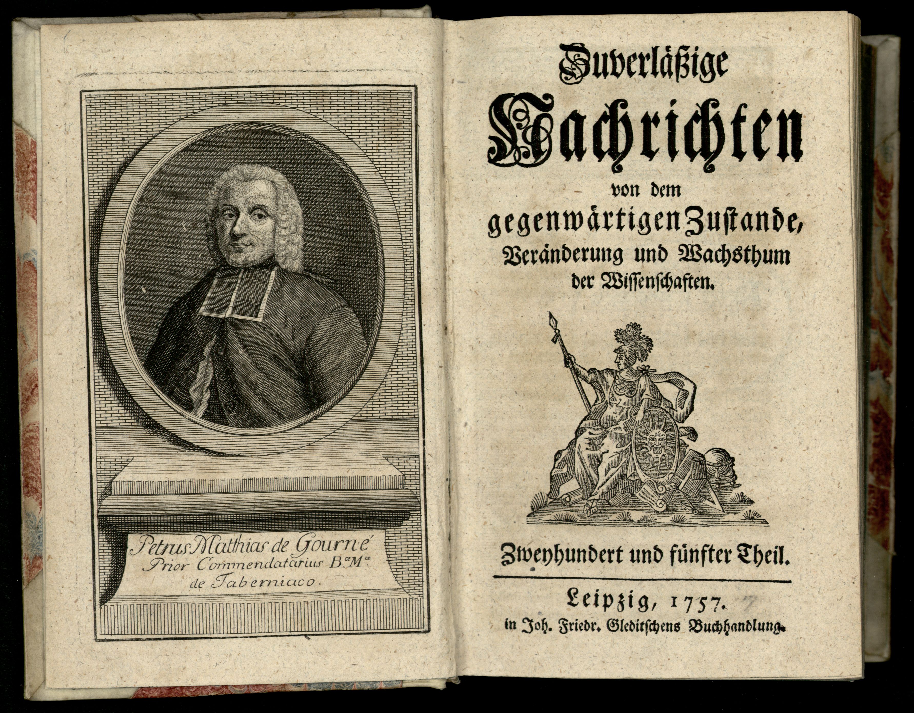 Porträt von Gourné, Pierre Mathias de  (Zuverläßige Nachrichten von dem gegenwärtigen Zustande der Wissenschaften., 1757, 205. T., ungez. Bl. am Anf. d. Bandes. [Doppelseite])