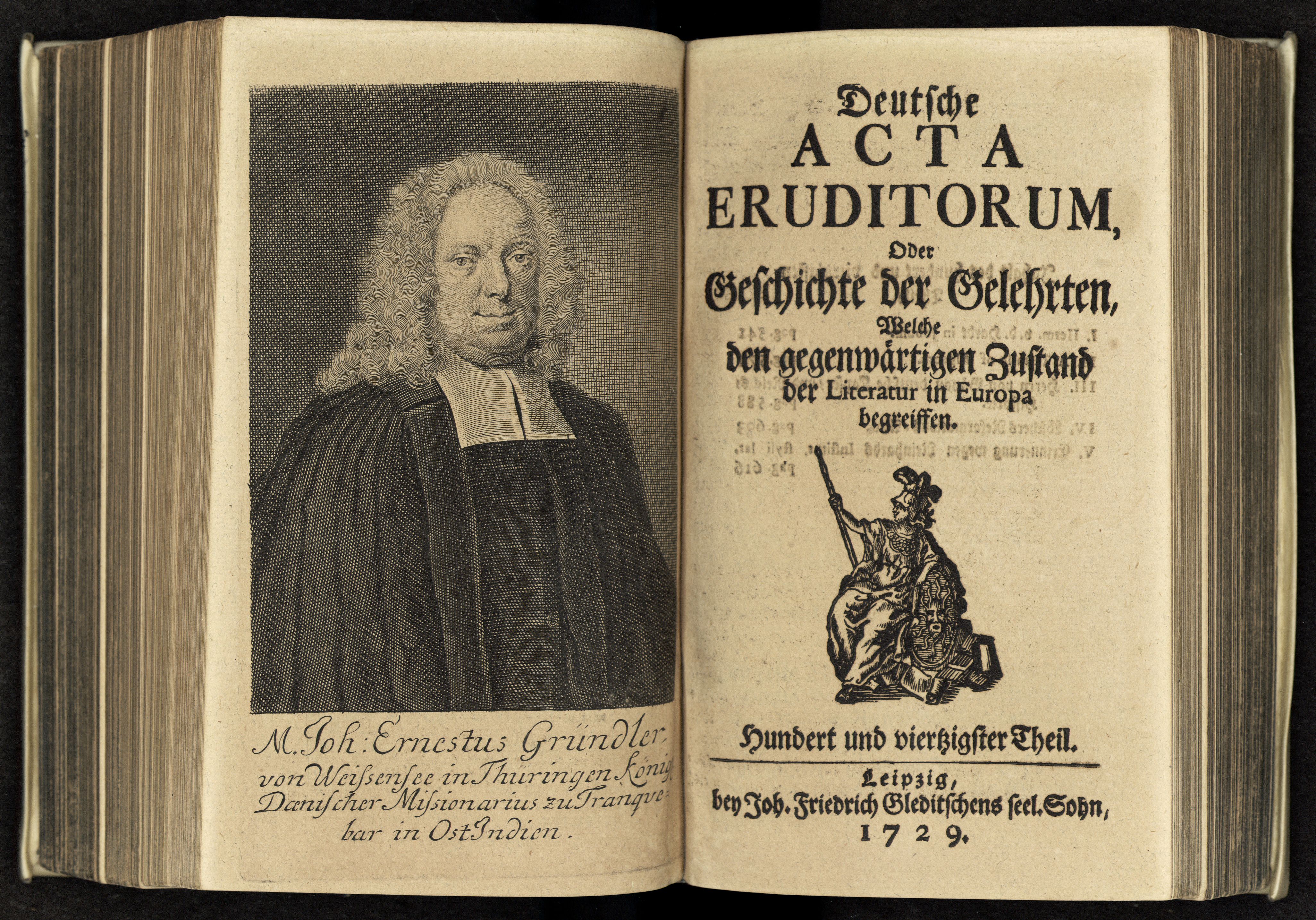 Porträt von Gründler, Johann Ernst  (Deutsche Acta Eruditorum., 1729, 140. T., ungez. Bl. vor S. 541. [Doppelseite])