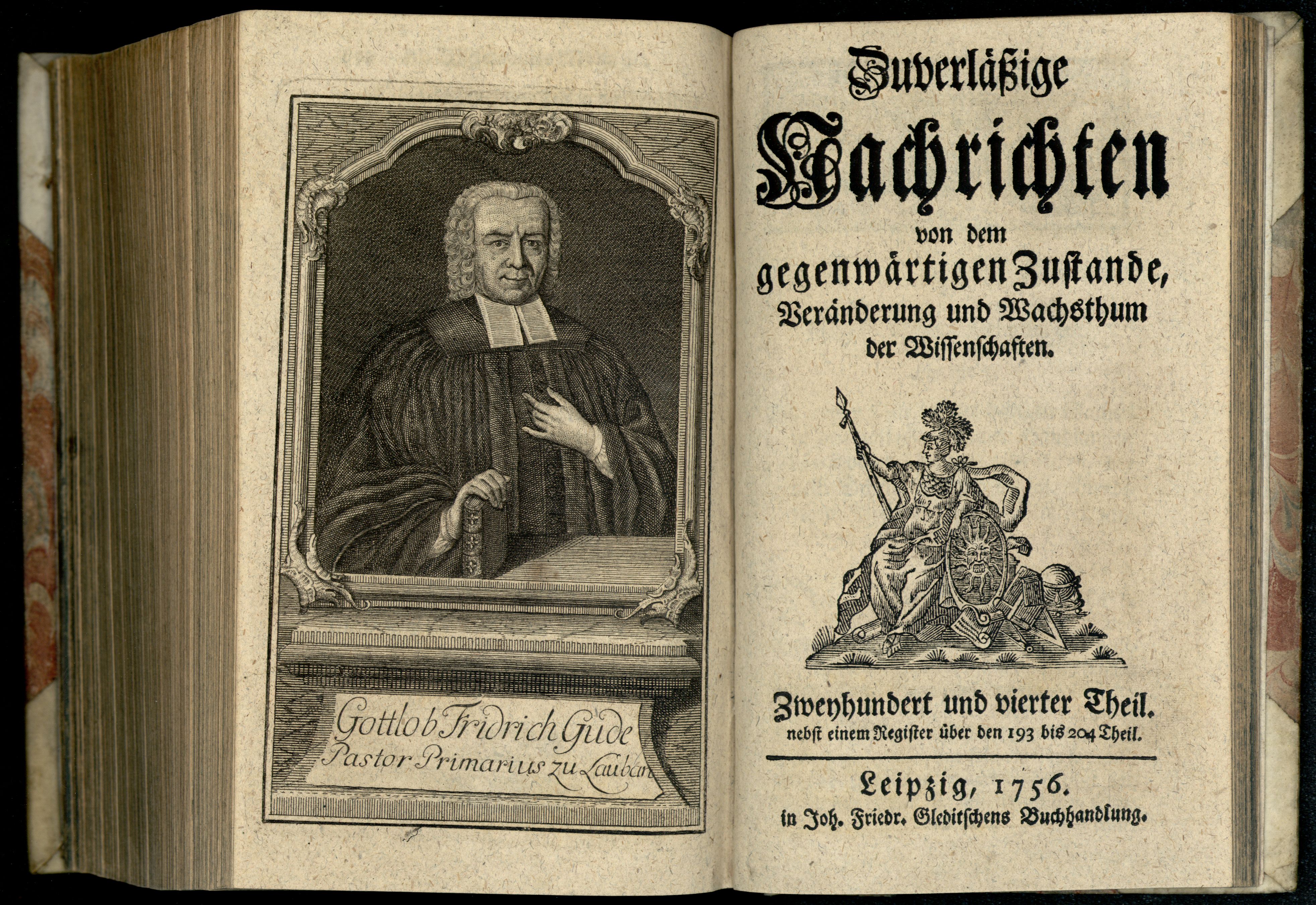 Porträt von Gude, Gottlob Friedrich  (Zuverläßige Nachrichten von dem gegenwärtigen Zustande der Wissenschaften., 1756, 204. T., ungez. Bl. vor S. 862. [Doppelseite])