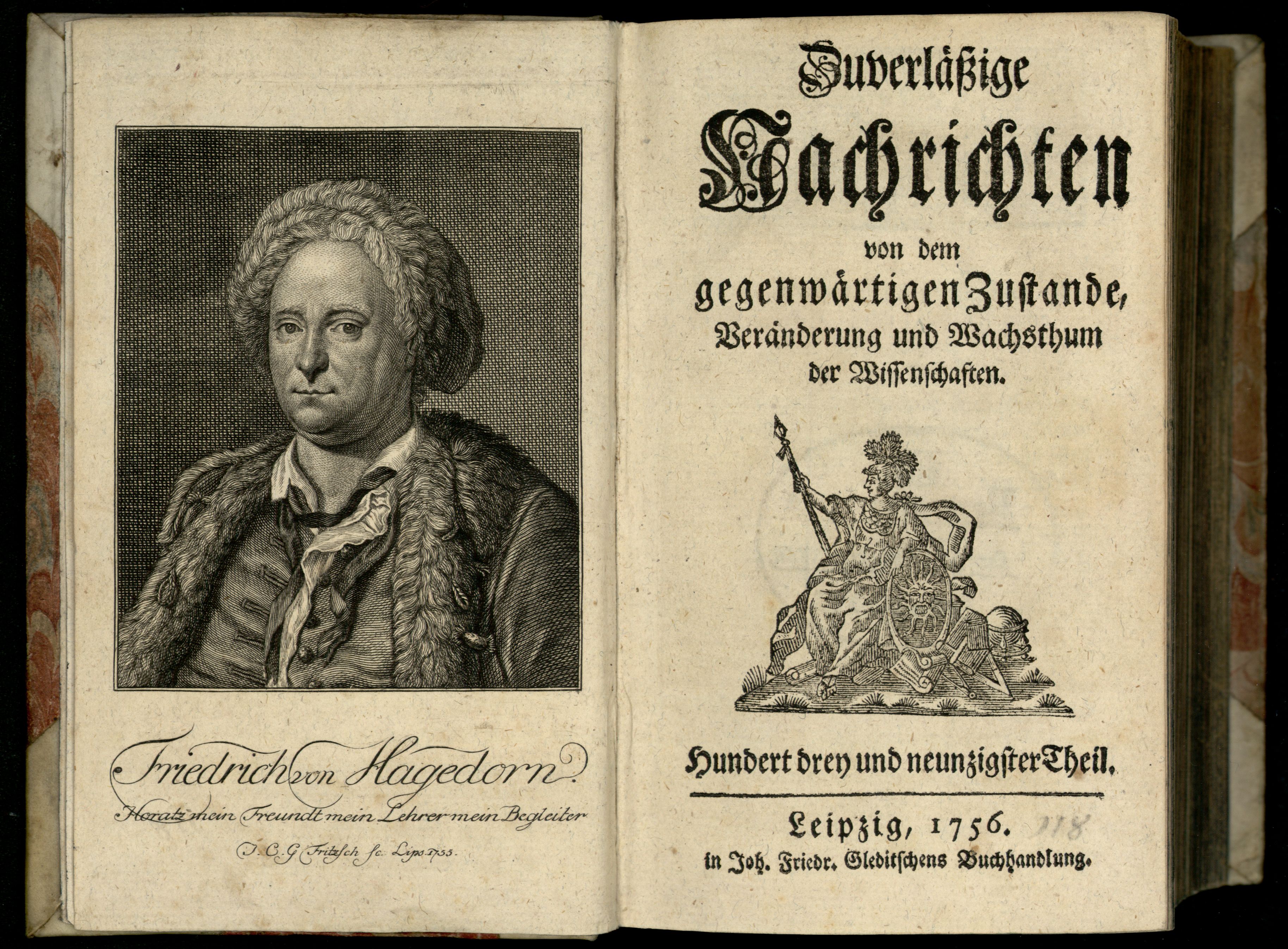 Porträt von Hagedorn, Friedrich von  (Zuverläßige Nachrichten von dem gegenwärtigen Zustande der Wissenschaften., 1756, 193. T., ungez. Bl. am Anf. d. Bandes. [Doppelseite])