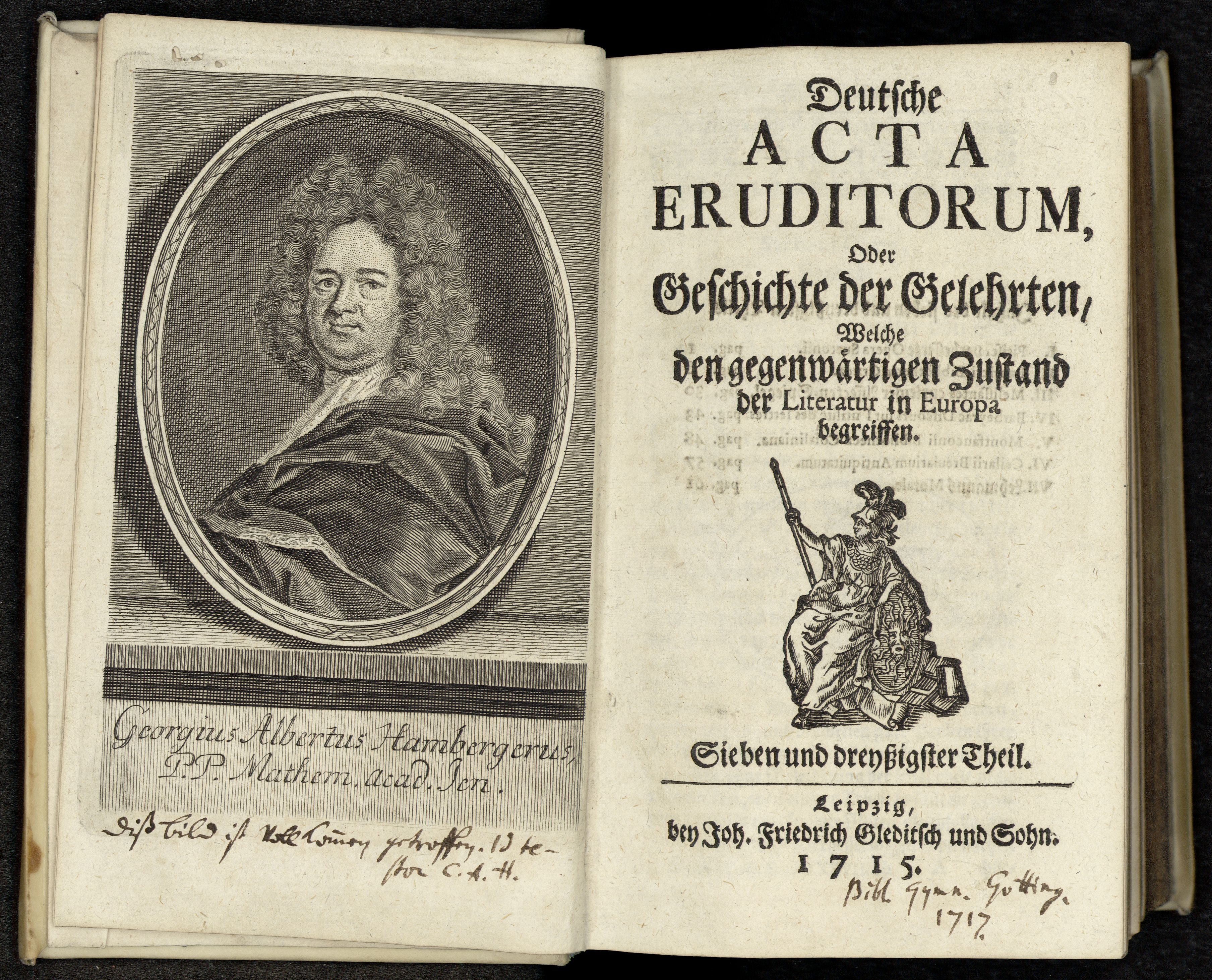Porträt von Hamberger, Georg Albrecht  (Deutsche Acta Eruditorum., 1715, 37. T., ungez. Bl. am Anf. d. Bandes. [Doppelseite])